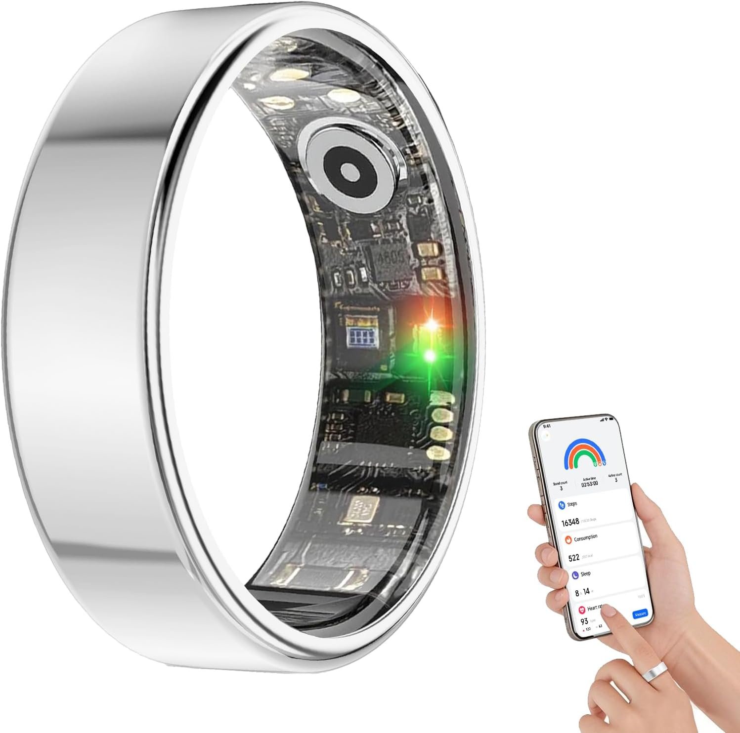 BENIO Smart Health Ring for Women Men Fitness Tracker with Heart Rate, Blood Oxygen, Sleep Monitoring, Step Counting, 5ATM Waterproof for iOS and Android, No APP Fee, Sliver 7.5
