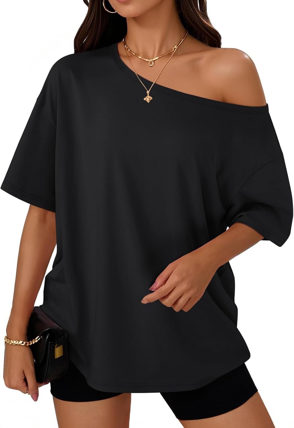 Trendy Queen Womens Off the Shoulder Tops Oversized T-Shirts Short Sleeve Tees Summer 2026 Casual Spring Clothes