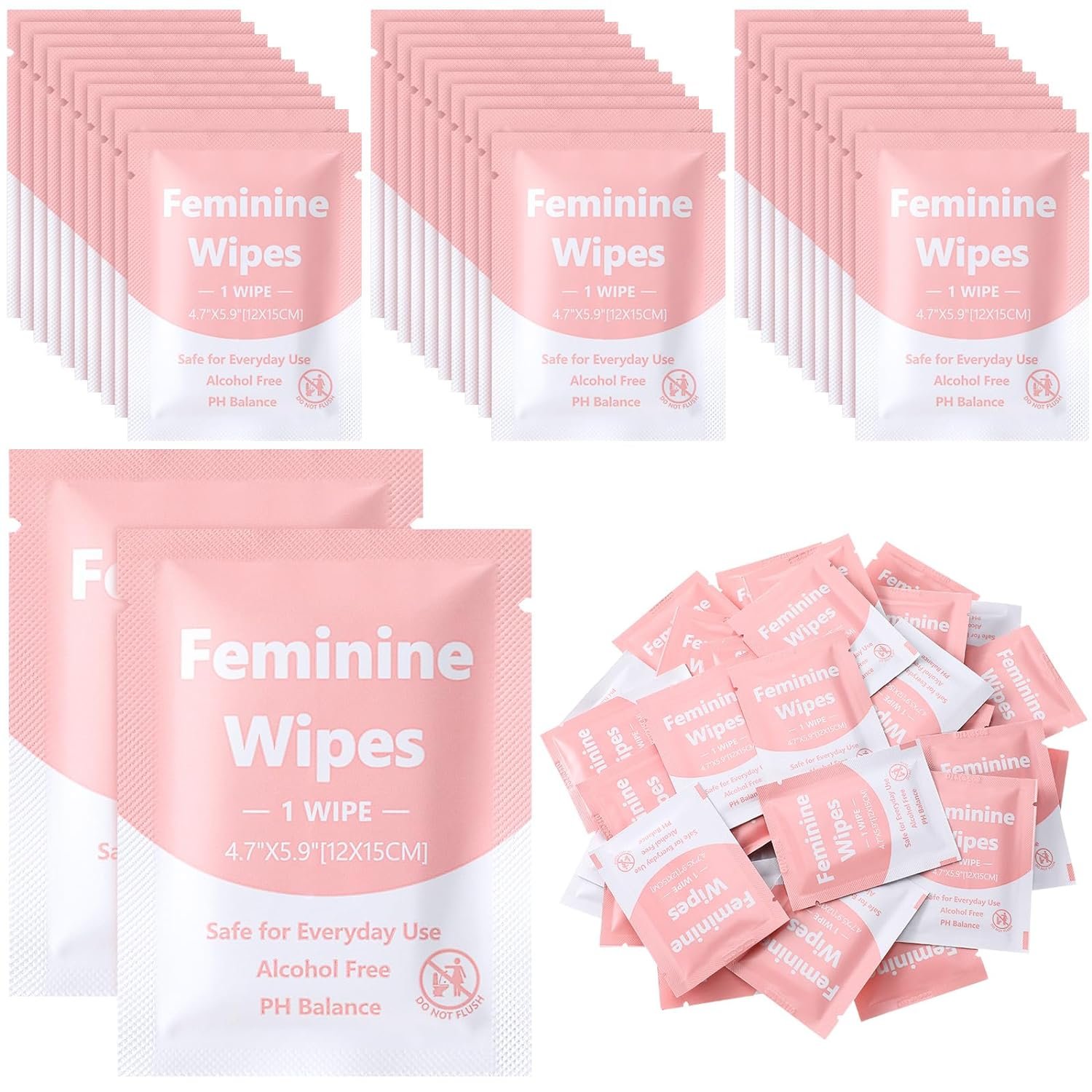 300 Pieces Bulk Feminine Wipes Individually Wrapped Travel Size Women Unscented Intimate Period Cleansing Wipes Deodorant Feminine Hygiene Products Care Kits Private Parts Ph Balanced(Pink)