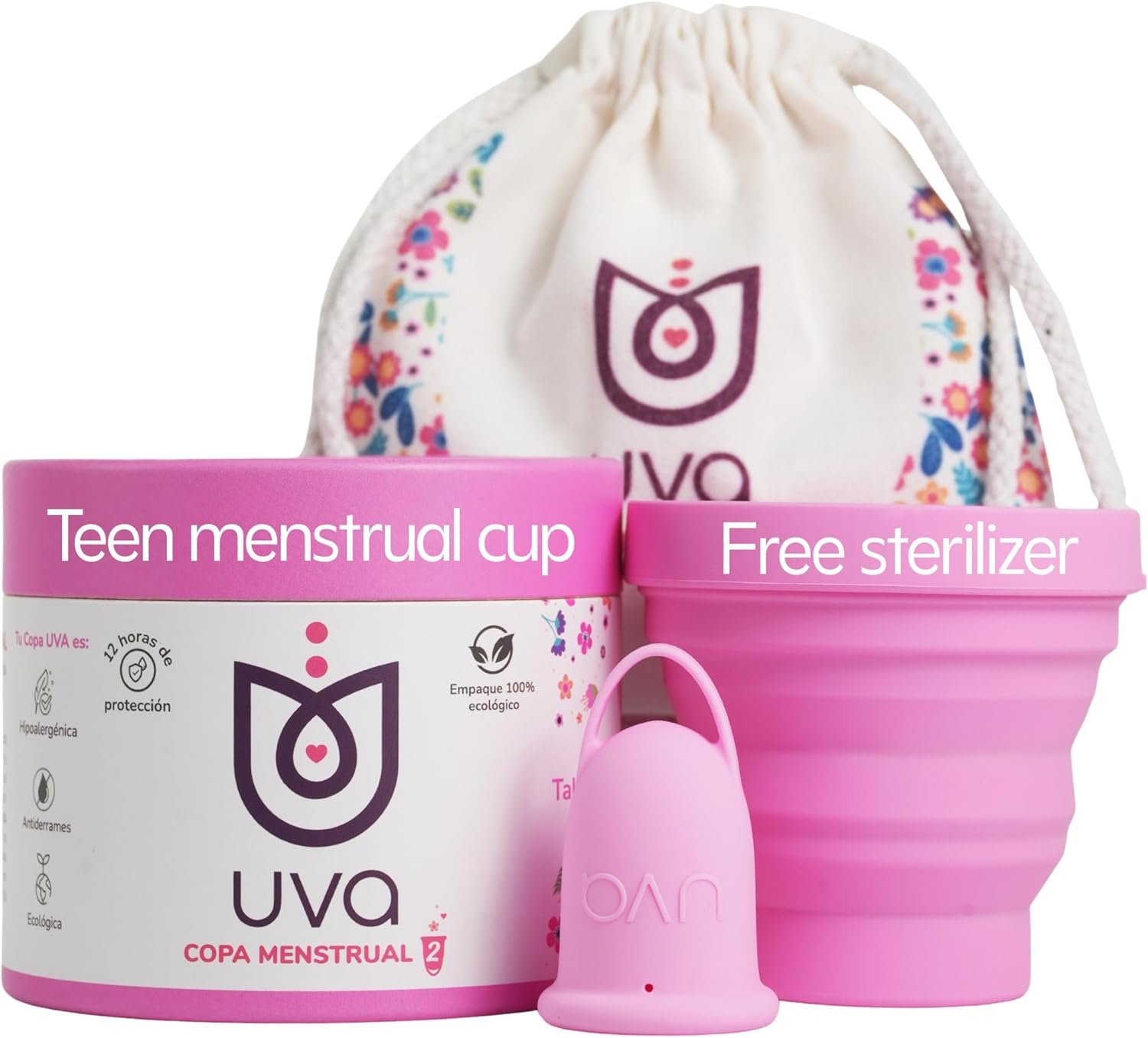 UVA Reusable Menstrual Cup Kit – Size 0 for Light Flow – 10-Year Durable & Leak-Proof Silicone – Small Menstrual Cup, Sterilizer & Traveling Bag Period Cup Set
