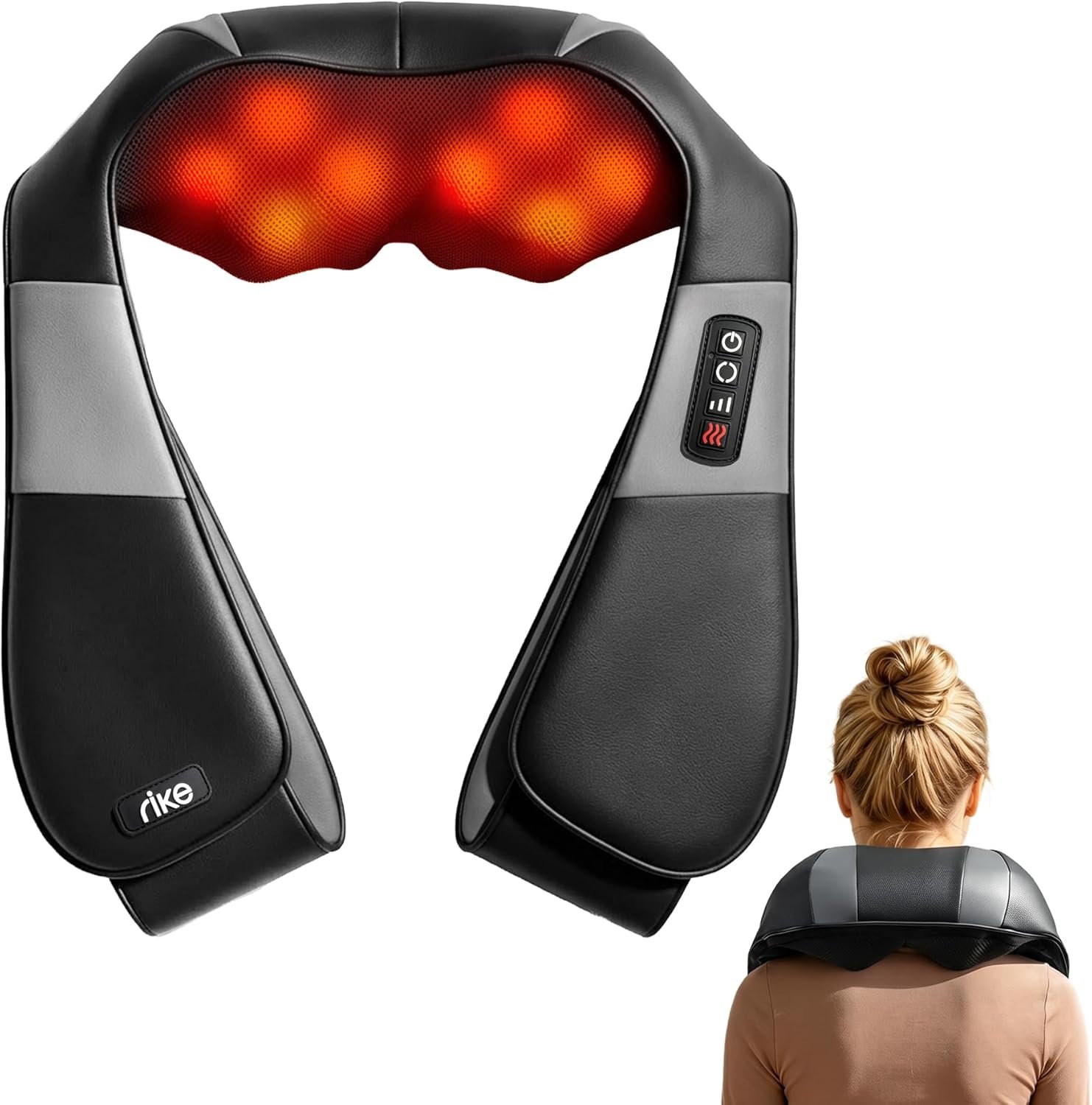 RIKE Neck Massager for Pain Relief Deep Tissue, Shiatsu Shoulder Massager with Heat, Corded Electric Back Massager with 3 Speeds, Fathers Day Gift Idea for Men Women Office, Car and Home Gym Use
