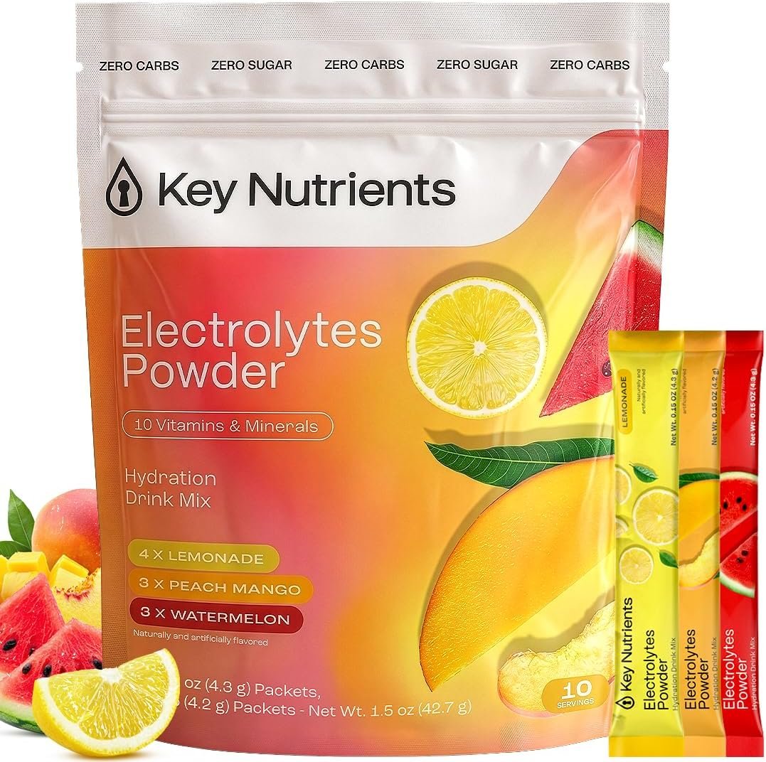 KEY NUTRIENTS Electrolytes Powder Packets – Variety Pack – Sugar Free Hydration Drink Mix – Keto Electrolytes Hydration Packets – Improved Refreshing Taste Lemonade, Peach Mango & Watermelon – 10 Pack