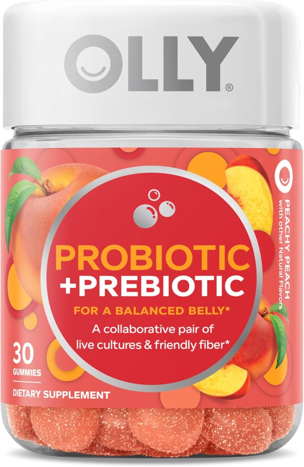 Olly Probiotic + Prebiotic Gummy, 500 Million Cfus, Fos, Adult Chewable Supplement For Men And Women, Peach Flavored, 30 Day Supply – 30 Count