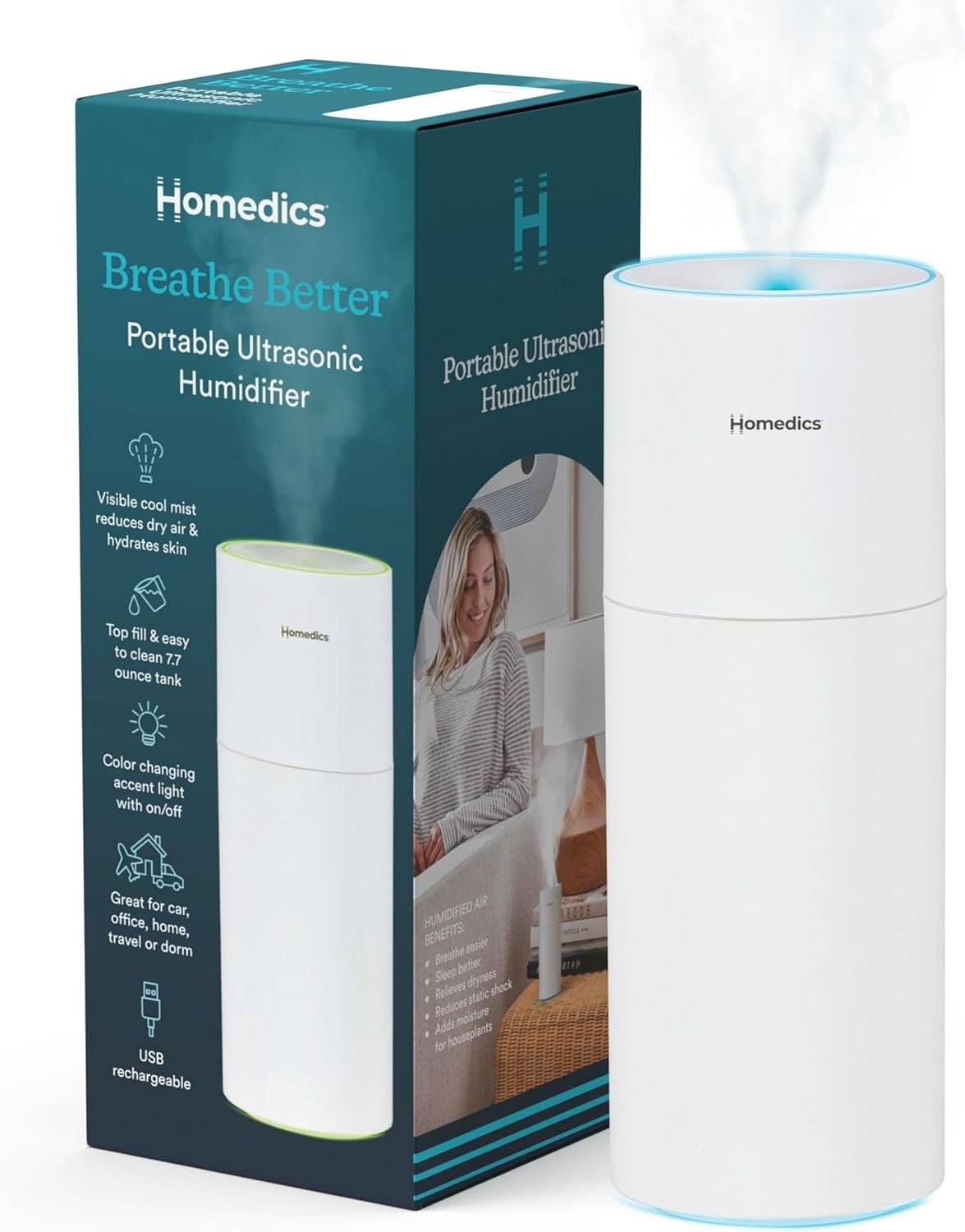 Homedics Portable Humidifier – Small Air Humidifiers for Bedroom, Plants, Office, Travel – Cool Mist Humidifiers, Color-Changing Accent Light, 2 Mist Settings, Matte White