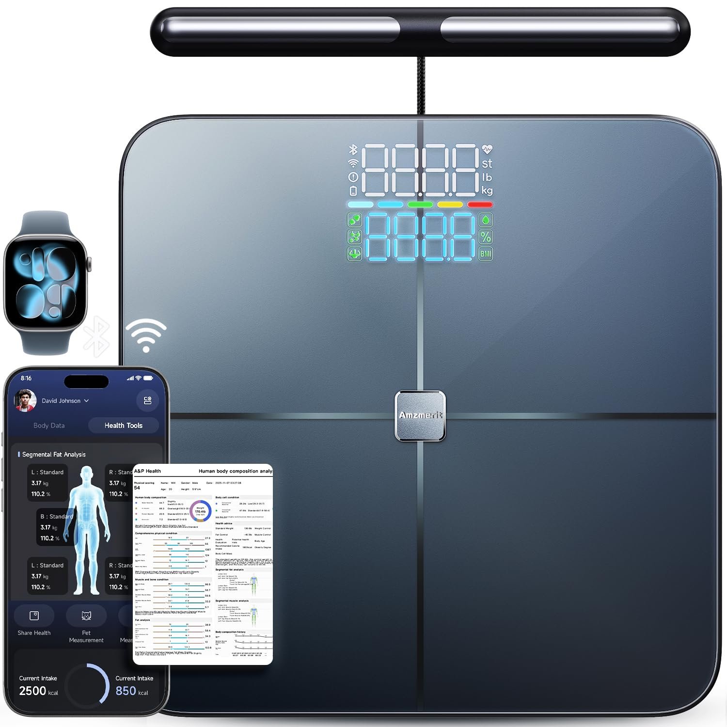 Smart Scale for Body Weight, 8-Electrode Larger Platform Digital Scale for Weight Fat BMI 50 Body Composition Measurement, Bluetooth & Wi-Fi Digital Bathroom Scale, Rechargeable, Dark Gray
