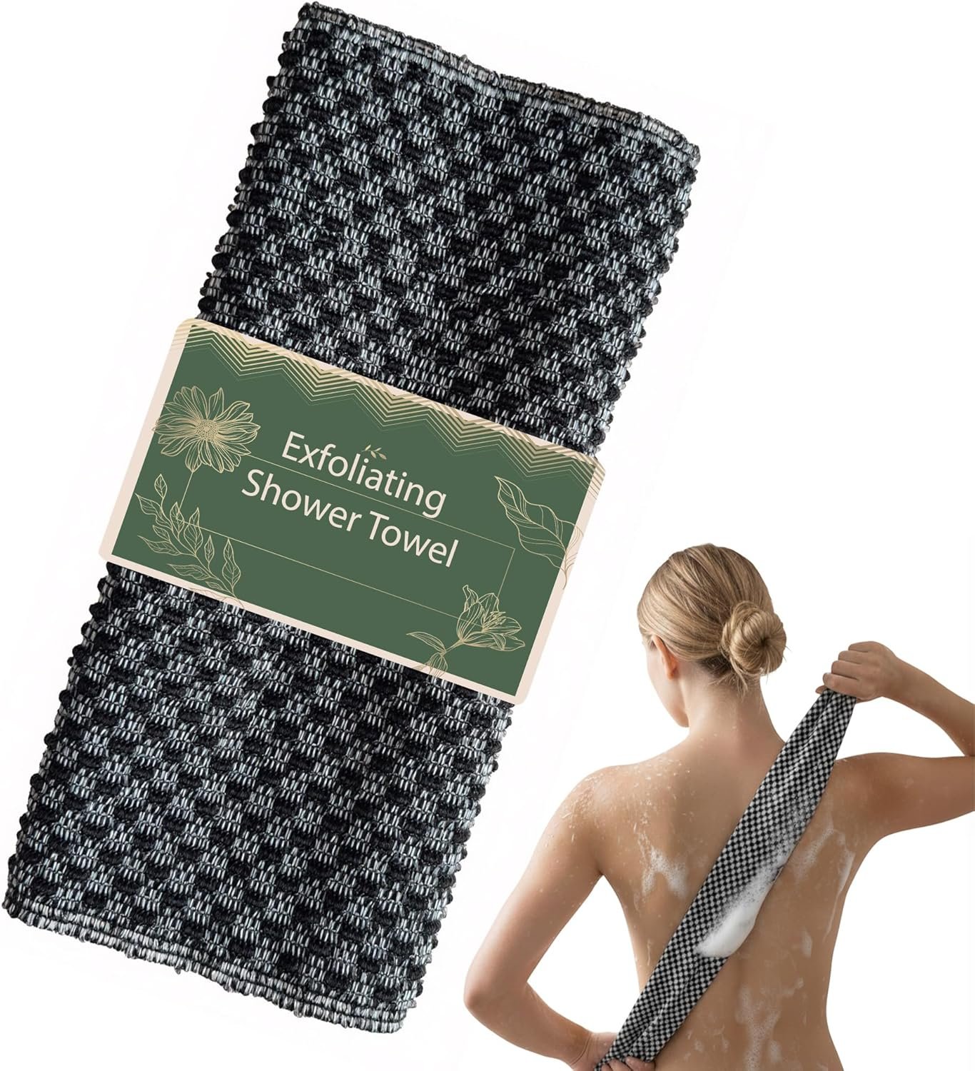 Exfoliating Washcloth, 40″ Extra Long Back Scrubber for Shower, Bamboo Charcoal Bath Towel for Body Cleansing & Dead Skin Removal, Machine Washable Body Scrubber for Men & Women, Black