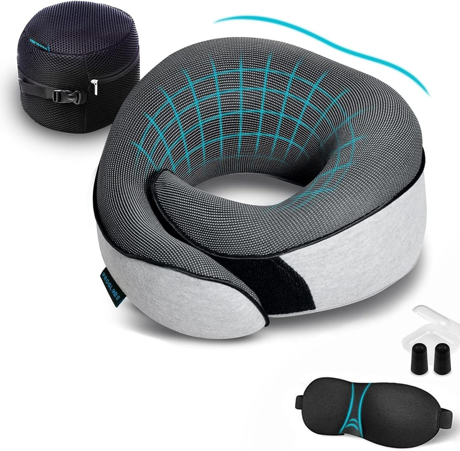 Proglobe Travel Neck Pillows for Airplanes, Sleeping Essentials for Long haul Flights, 360° Head Support, Car and Airplane Kit with 3D Contoured Eye Mask, Earplugs and Luxury Mesh Bag (Adult, Grey)