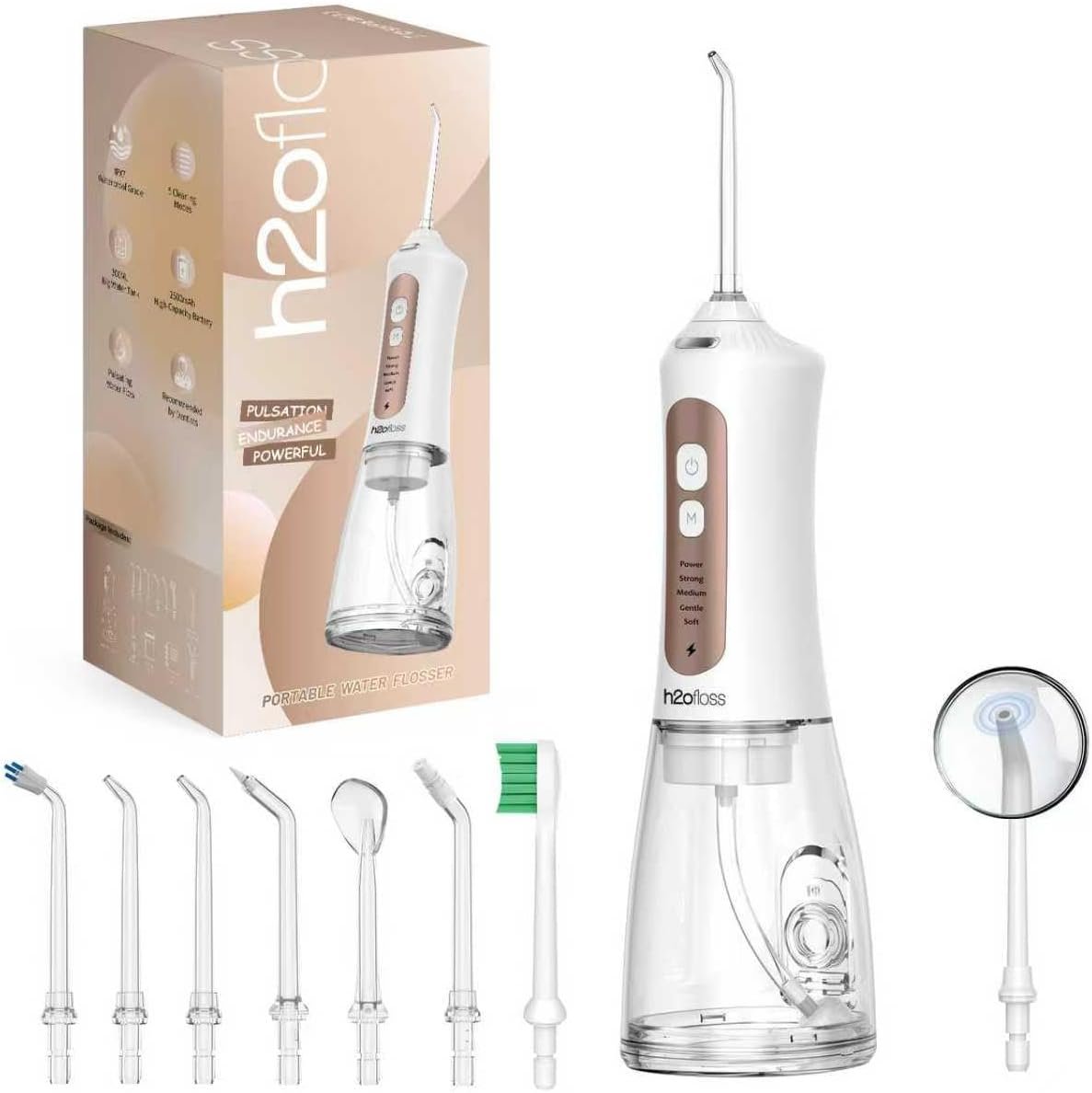 H2ofloss Potable Water Flosser with Beginner Tip – 5 Oral Care Modes, 2500mAh Rechargeable Dental Irrigator with 300ml Tank, IPX7 Waterproof, Portable for Braces, Teeth & Gums, Travel-Friendly
