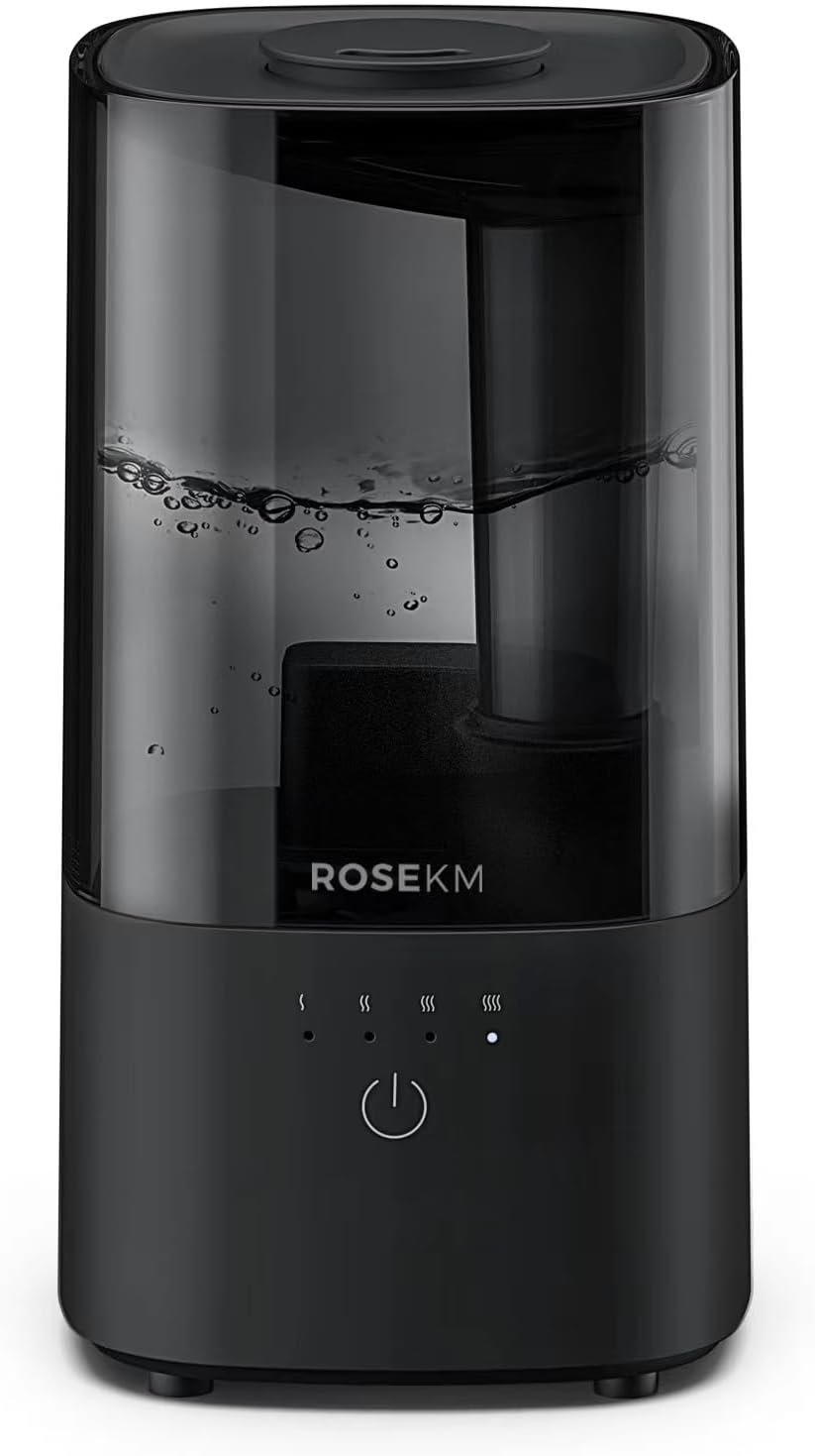 ROSEKM Humidifiers for Bedroom (1.1L), Small Cool Mist Humidifier for Home Plant and Baby Nursery, Quiet Ultrasonic Humidifier with 360° Nozzle, Auto Shut-Off, Filterless, Black