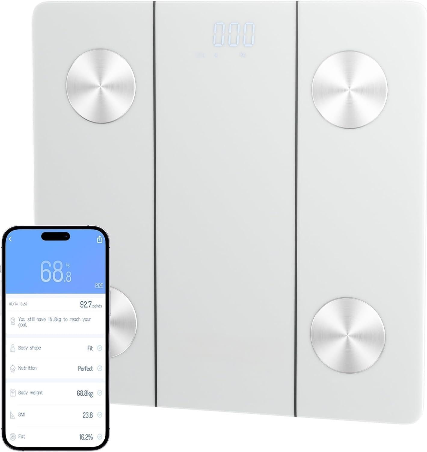 Elevon Smart Scale for Body Weight, Digital Bathroom Scale with LED Display, 12 Body Composition Metrics, Body Fat BMI Health Monitor, Bluetooth Sync with Apps, 400lb Capacity, Tempered Glass