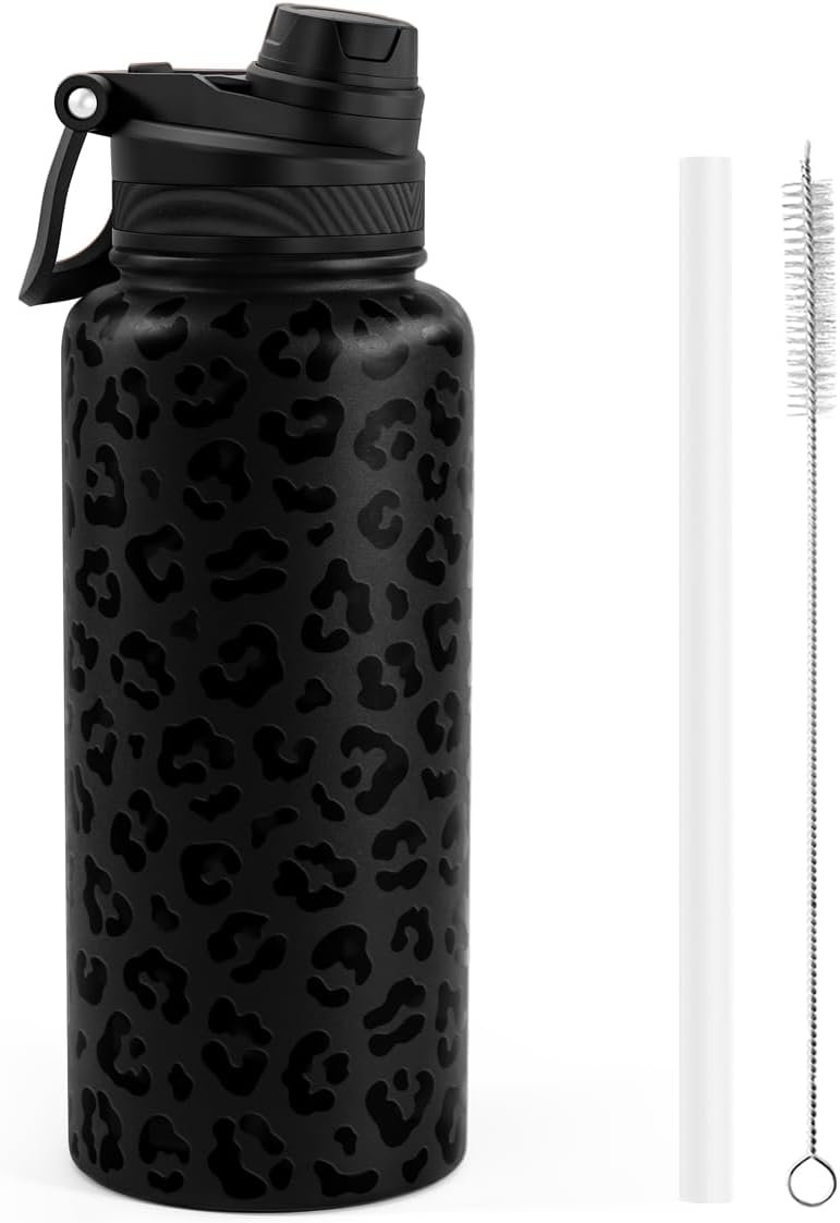 SANDJEST Black Leopard Skin Stainless Steel Water Bottle with Strap 32oz, Insulated Bottles with Straw and Spout Lid for Gym Sports Travel Outdoor, Gifts for Women Girls Birthday Christmas