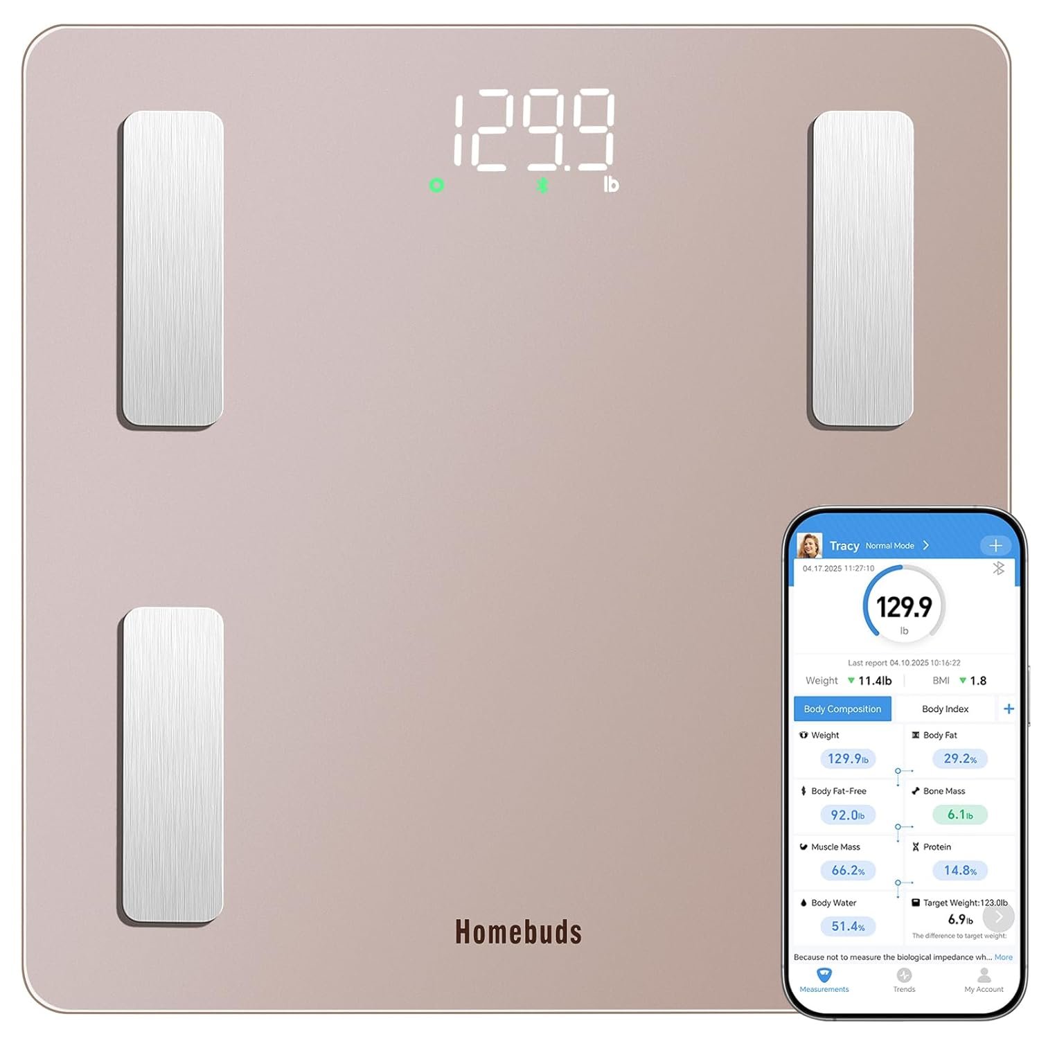 Homebuds FSA&HSA Smart Weight Scale, Precision 0.1lb by Our Professional Scale Factory Since 2001, Bluetooth Scale for Body Weight App Sync 13 Body Composition BMI and Body Fat, 400lb, Rose Gold