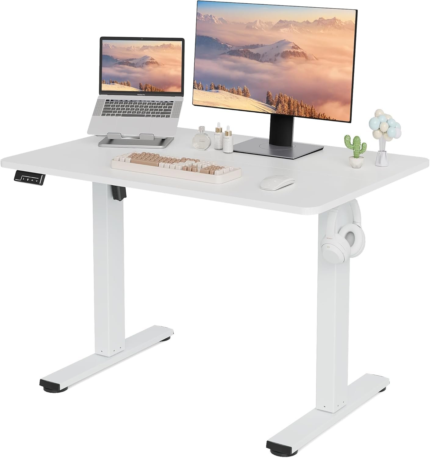 LongKe Electric Standing Desk Adjustable Height, 40×24 Inches Sit Stand up Desktop for Home Office, Ergonomic Rising Computer Table with Memory Preset, White