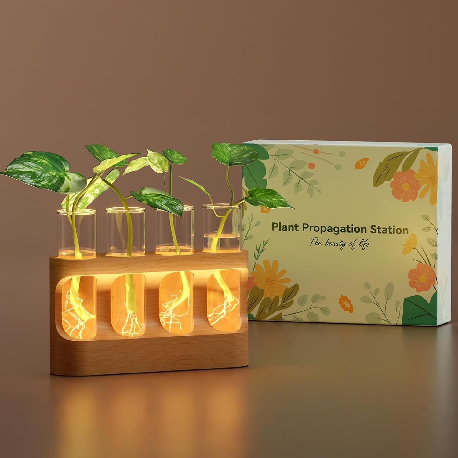 Plant Propagation Station with Wooden Stand, Gardening Gifts for Mom Women Plant Lovers, 9-Level Dimmable LED Light 4 Glass Test Tubes Vases for Hydroponic Plants – Desktop Terrarium for Desk Decor