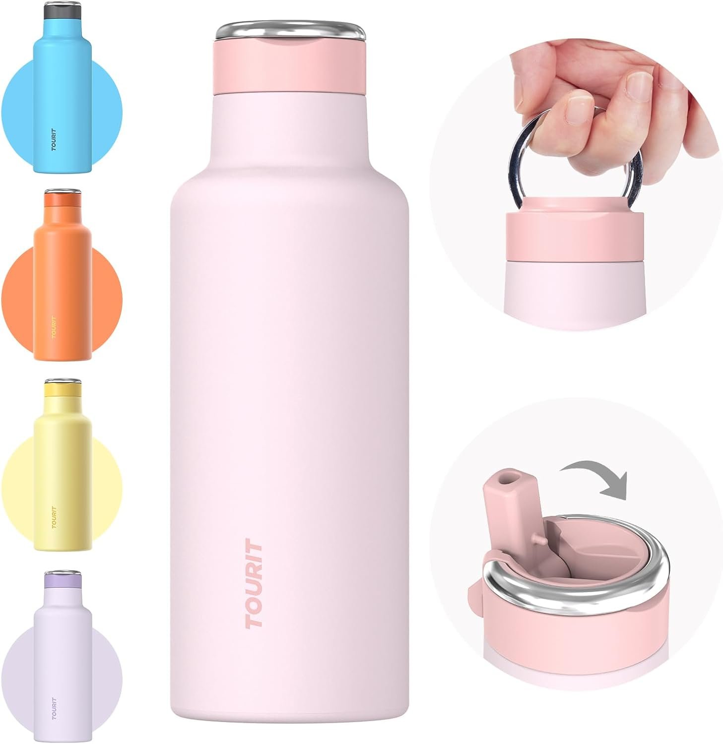 TOURIT 20oz Insulated Stainless Steel Water Bottle with Straw & Handle, Double Wall Vacuum Leakproof BPA-Free Thermos for Sports Travel, Pink