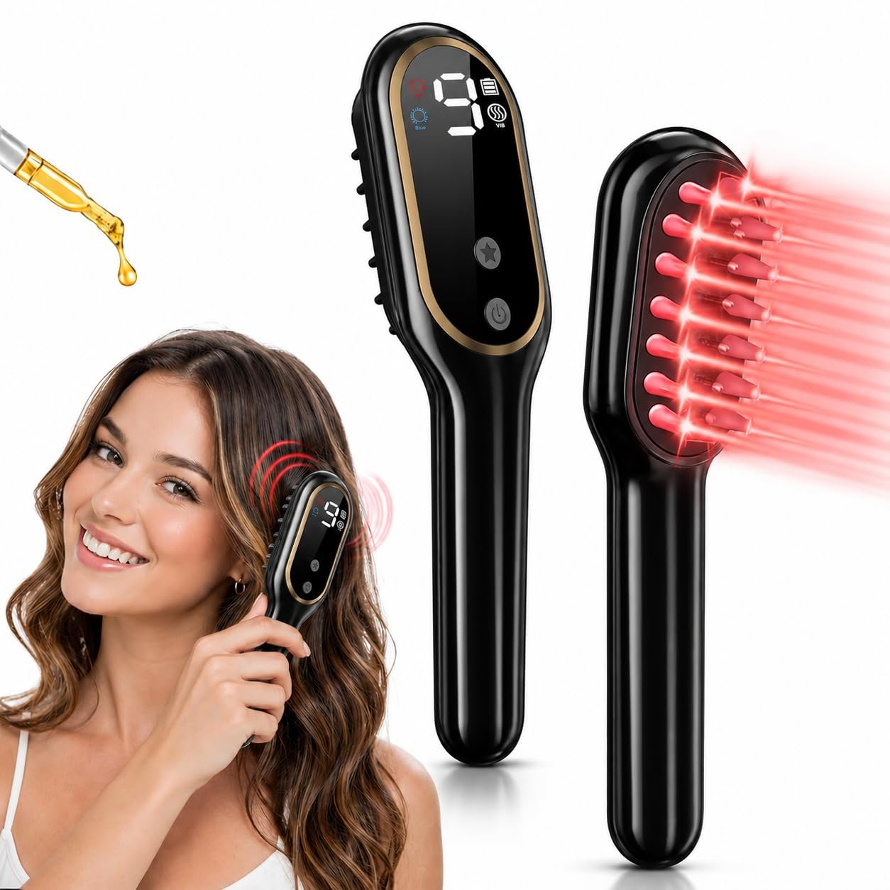 Red Light Scalp Massager Brush with Oil Applicator, Electric Vibrating Hair Growth Comb, LED Light Therapy Scalp Care Tool, Cordless Head Spa for Fuller-Looking Hair