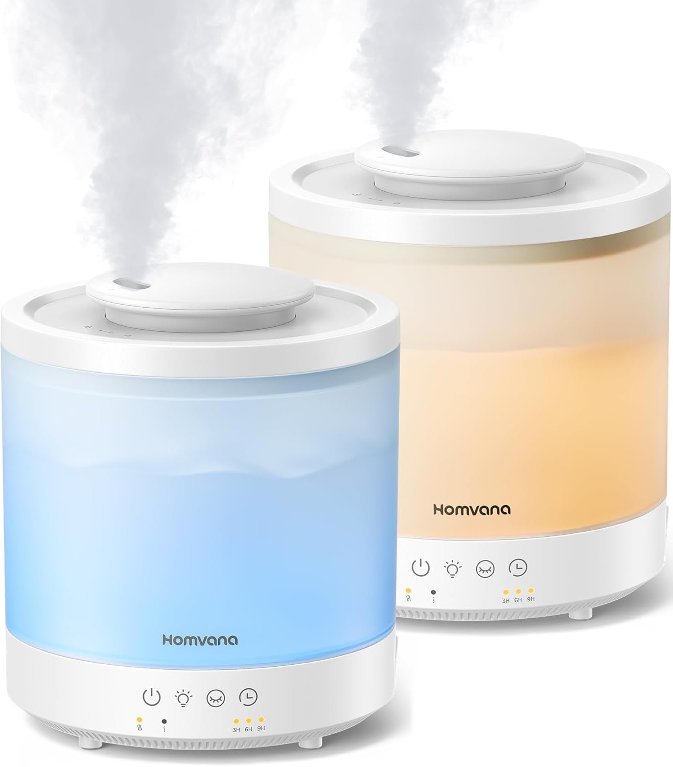 Homvana Small Humidifiers for Bedroom – 2 Packs 1.5L Cool Mist Top Fill Humidifier for Baby Nursery, Essential Oil Diffuser, 3 in 1 for Home Plants Offices and Grow Tents, 7 Color Lights, Ultrasonic
