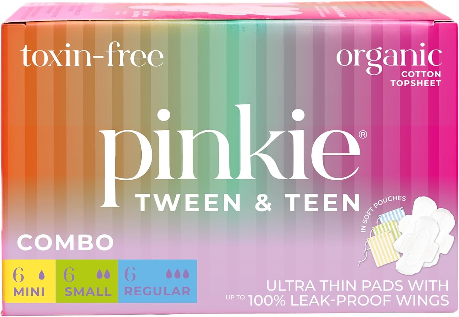 Pinkie Period Starter Pads – Designed for Smaller Underwear – Organic Cotton Topsheet Tween & Teen Pads with Wings – Chlorine Free & Fragrance Free – Teen Combo Pack, 18 Count