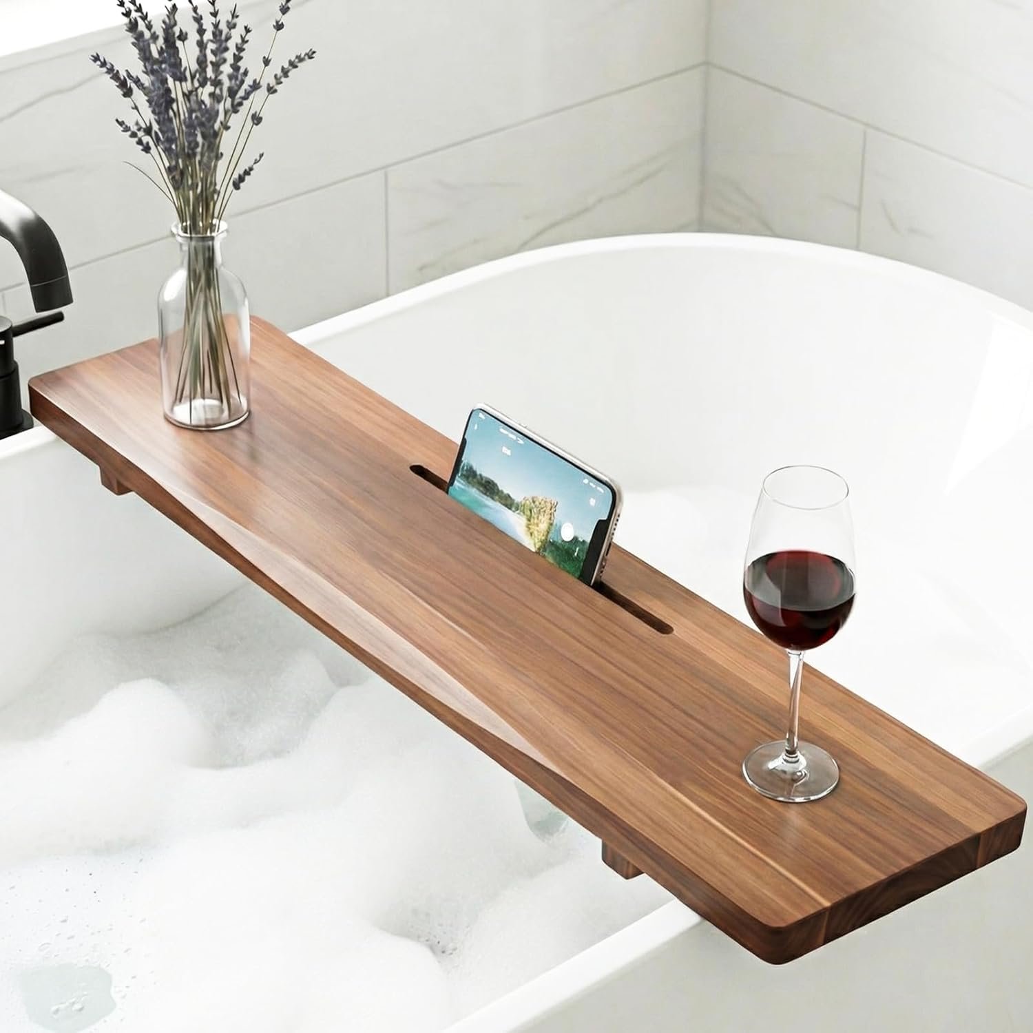 Acacia 1.2″ T Wood Bathtub Tray Caddy for Freestanding Tub, 35″ L Adjustable Bath Tray for Tub, Luxury Spa Bathroom Tray Organizer Table, Bath Tub Accessories for Women, Housewarming, Birthday Gifts