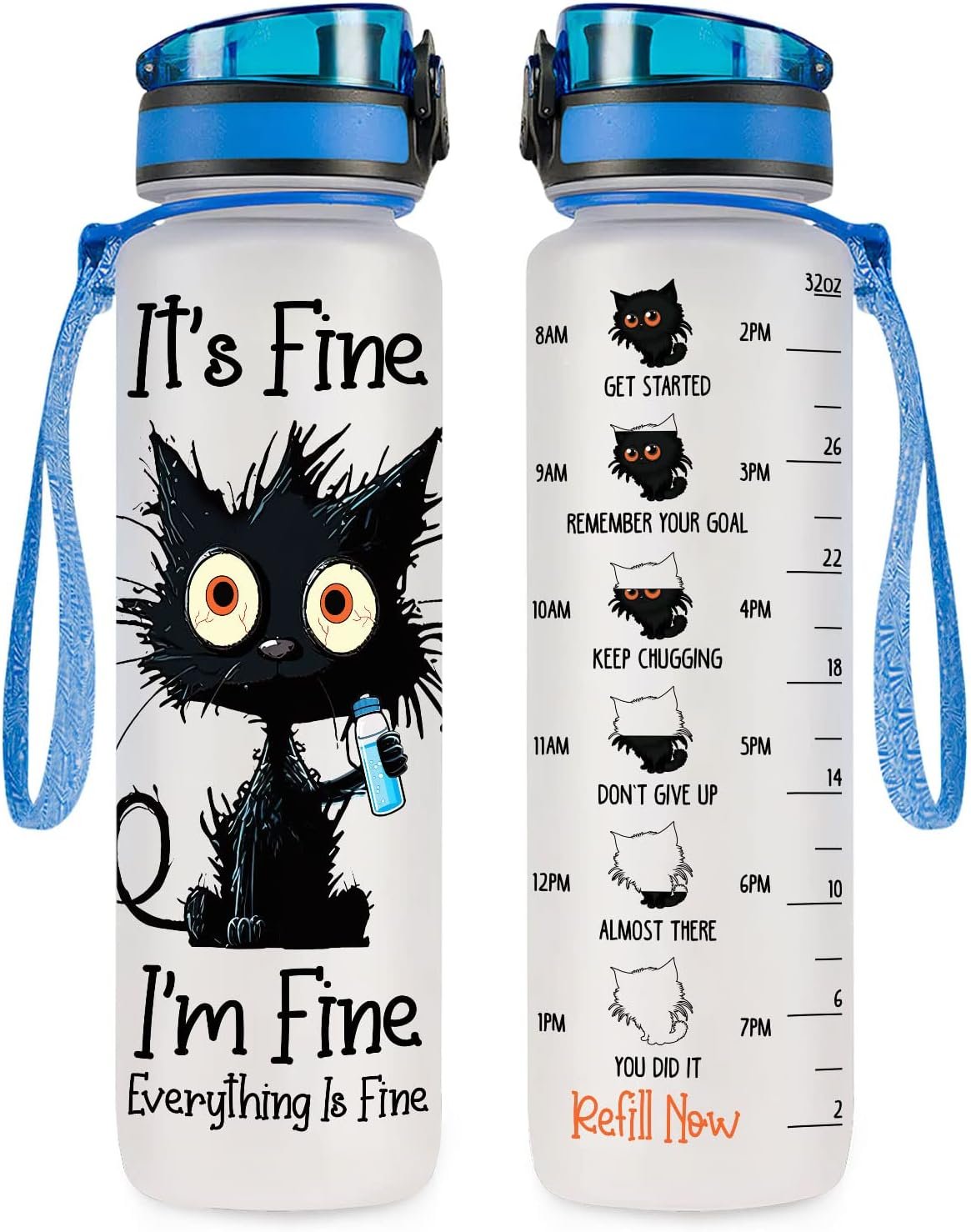 34HD Crazy Cat Water Bottle 32 oz Tritan Plastic, Its Fine Everything Is Fine Water Bottle, Funny Birthday Mothers Day Halloween Christmas for Pet Lovers Cat Mom Lady Women
