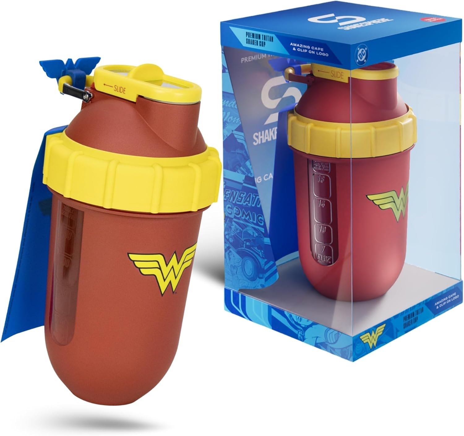 SHAKESPHERE Protein Shaker Bottle – Wonder Woman Edition – 24oz DC Comics Limited Edition Leak-Proof Shaker Cup with Steel Slide Cap, Capsule Design, No Mixing Ball BPA-Free, 3D Logo, Collector’s Box