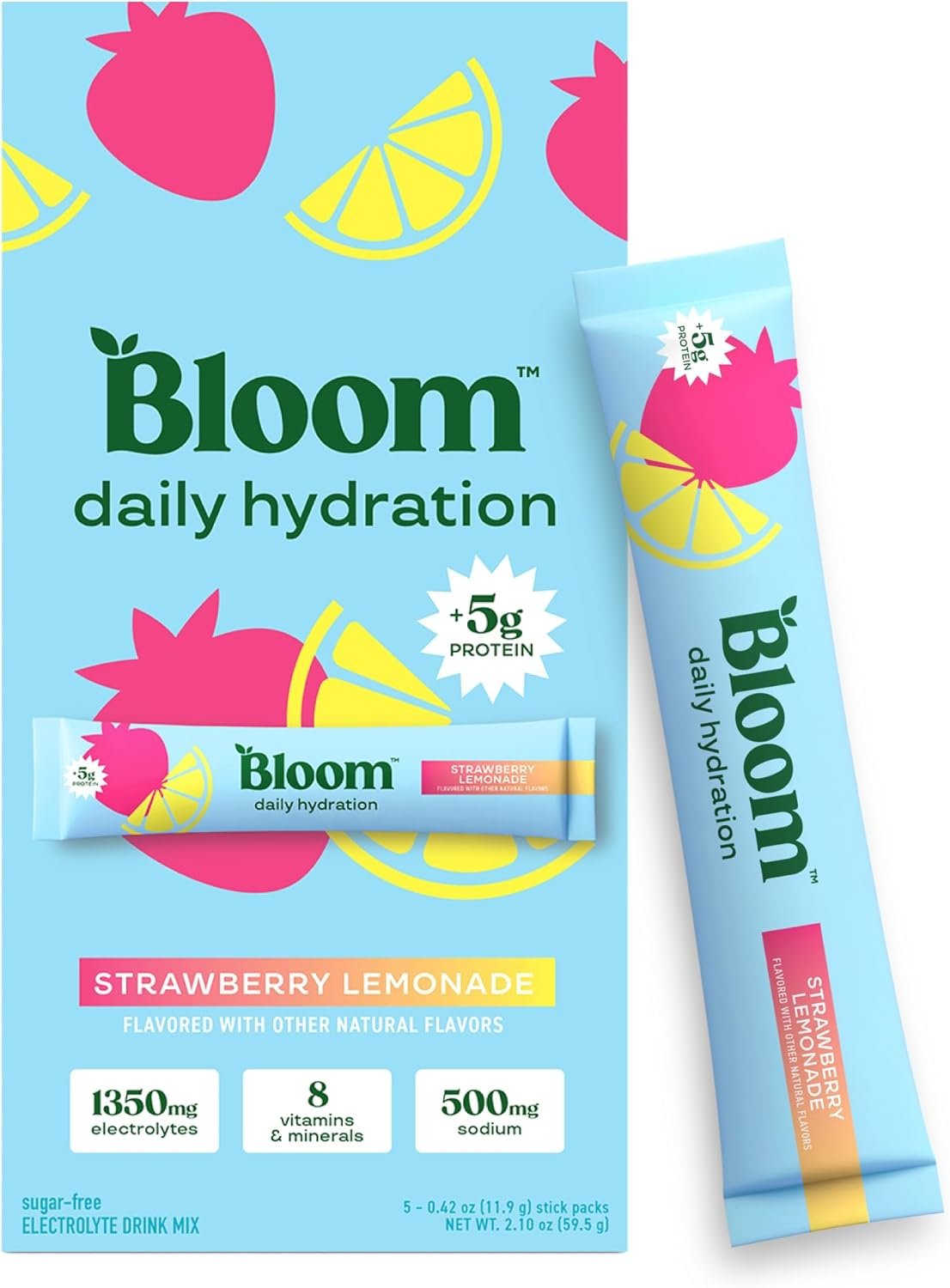 Bloom Daily Hydration Electrolyte Powder Packets with Collagen, 5g Protein, Electrolytes, Vitamins & Minerals, Sugar Free Drink Mix, Strawberry Lemonade, 5 Count