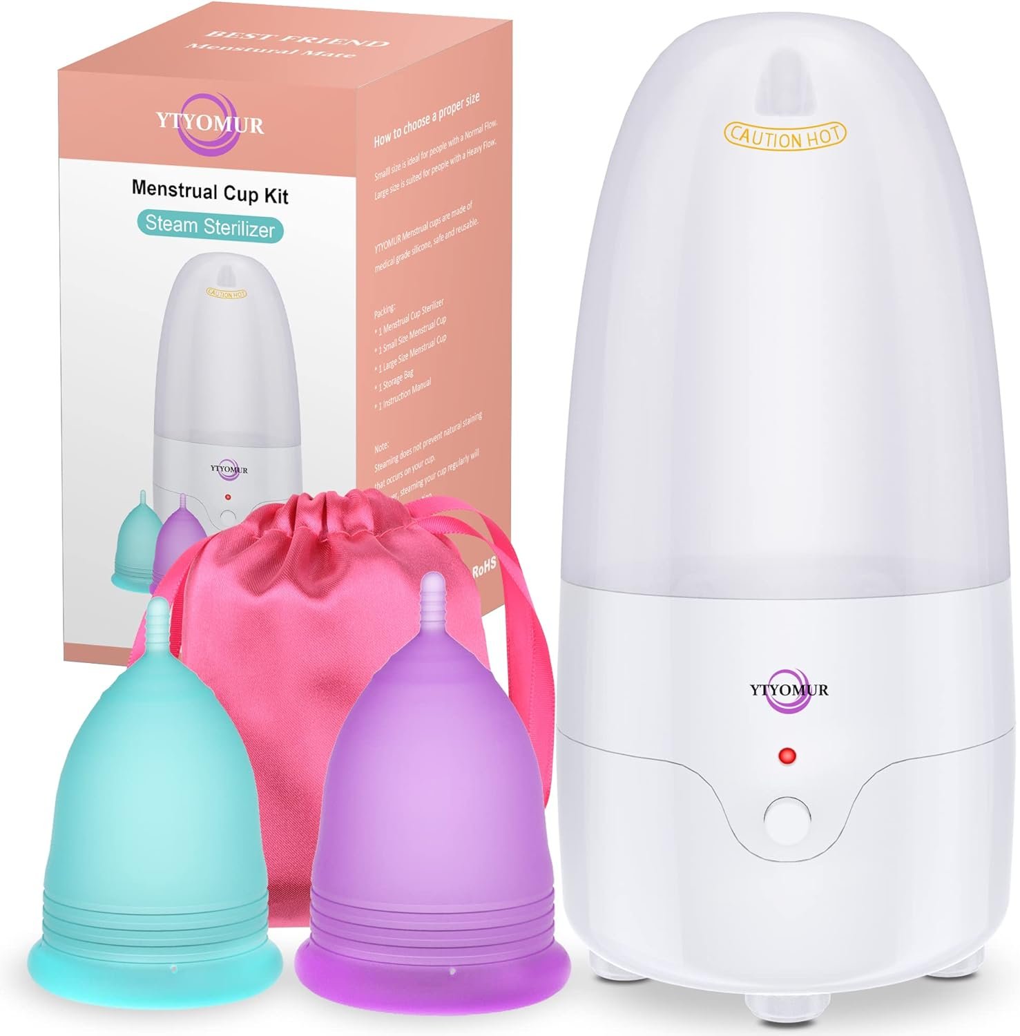 YTYOMUR Menstrual Cup Steamer Sterilizer with 2 Reusable Menstrual Cups, Upgraded Period Cups Cleaner Wash Kit