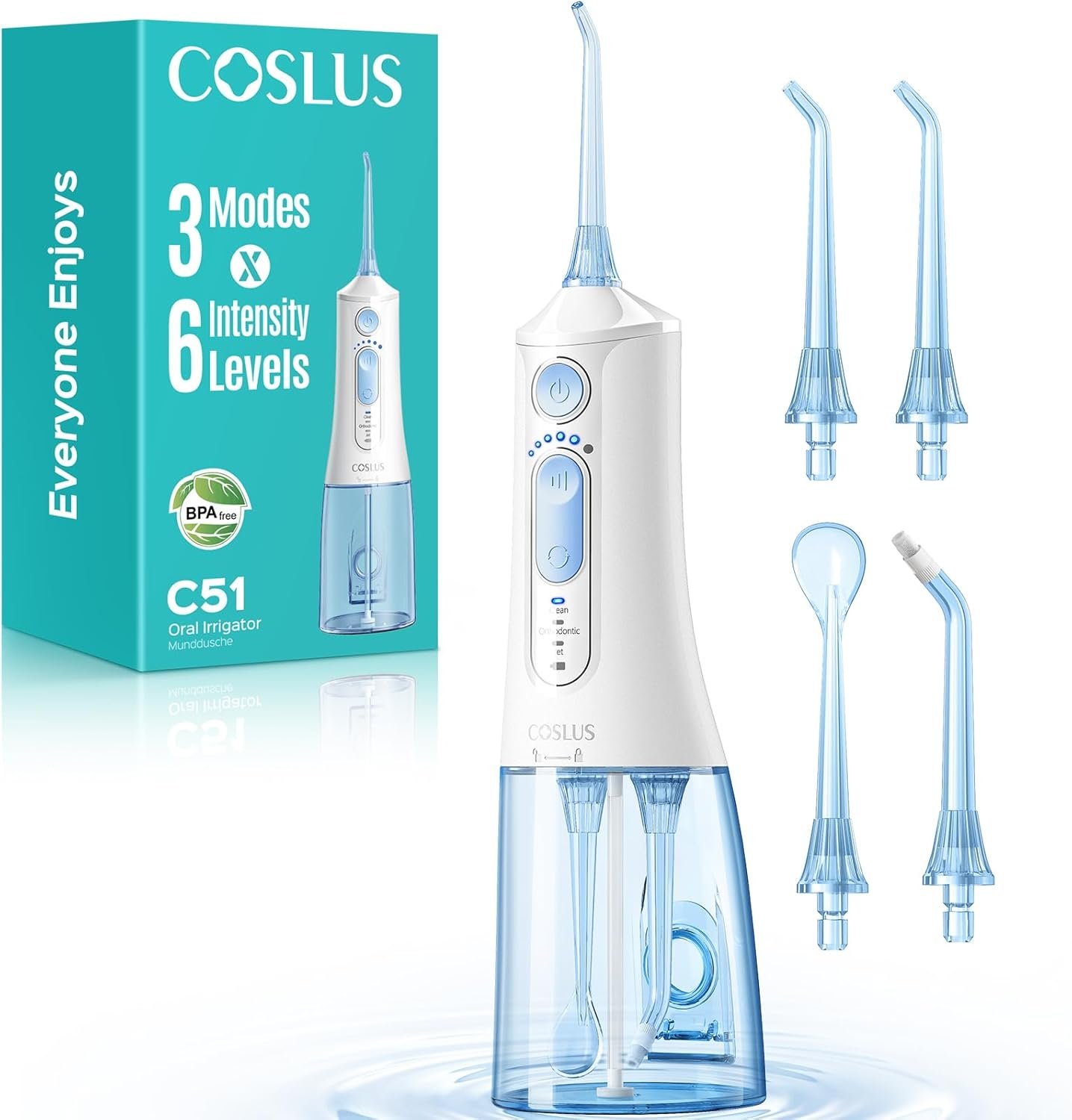 COSLUS C51 Portable Water Flosser for Teeth: 3 Modes & 6 Pressure Settings with Jet Mode Water Dental Pick for Orthodontic, Braces, Sensitive Gums, Compact for Travel, for Multiple Users, ADA Accepted