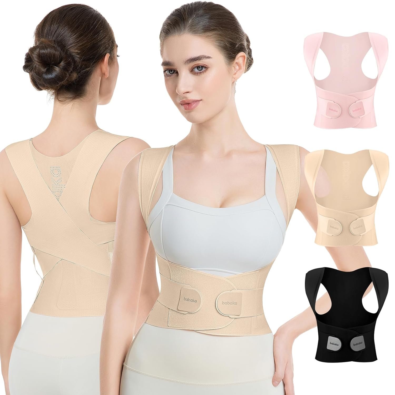 babaka Posture Corrector for Women, Invisible Lightweight Adjustable Back Brace for Upper and Lower Back Pain Relief, Hunchback, Hump, Scoliosis, Thoracic, Spine Corrector Under Clothes (Beige, Large, Waist: 35”-42”)
