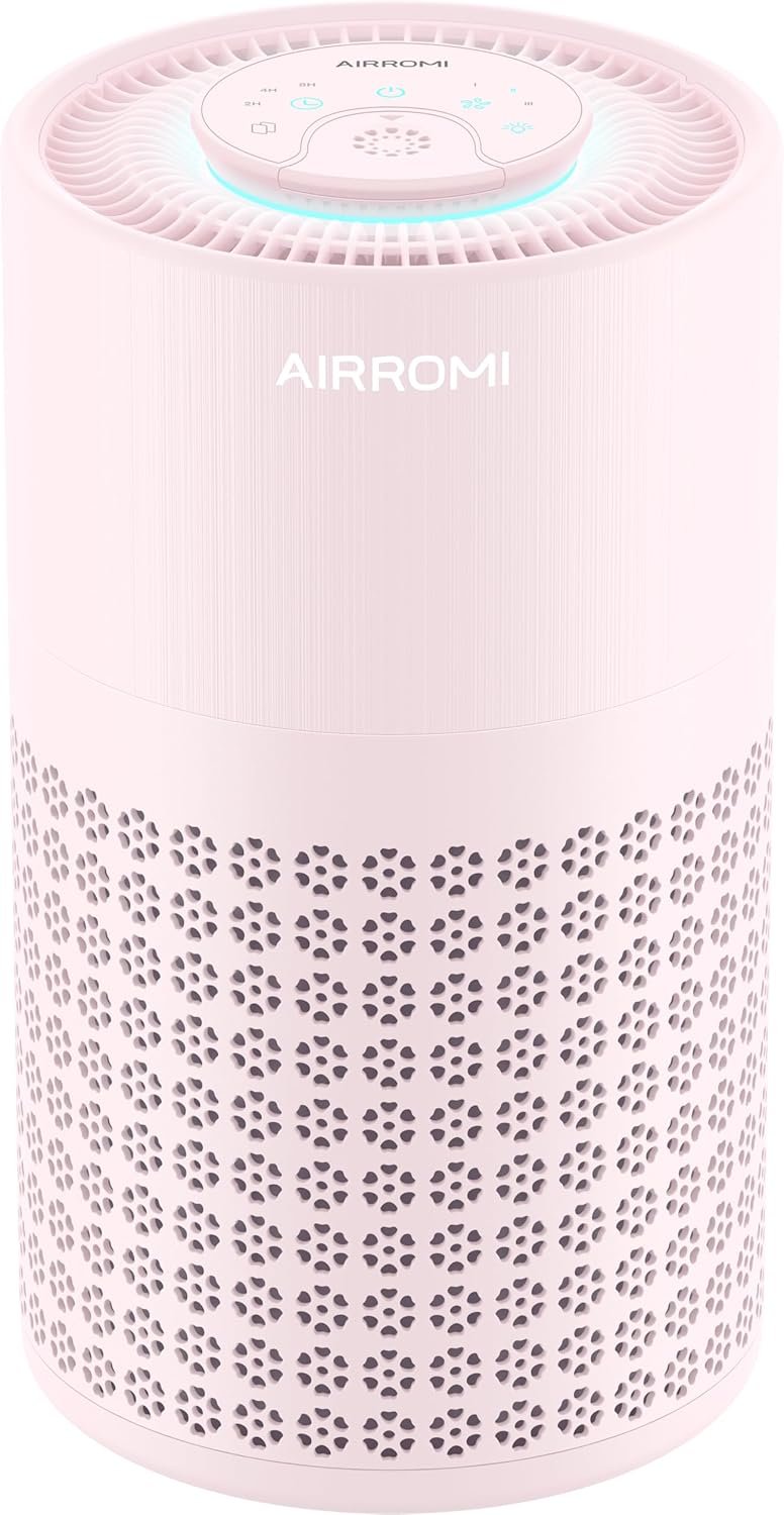 AIRROMI Air Purifier for Bedroom with HEPA 3-in-1 Filter, Pet Air Purifier for Home Cat Pee Smell, Covers Upto 990 Ft², Quiet 360° intake Air Cleaner for pet hair,allergies,Dust,Smoke A2001 Pink