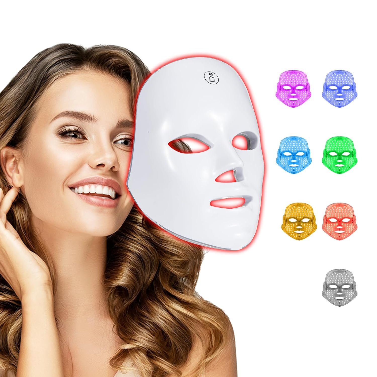 LED Face Mask Light Therapy – 7-in-1 Colors Facial Skin Care Mask for At-Home Use, Portable, Cordless & USB Rechargeable (White)