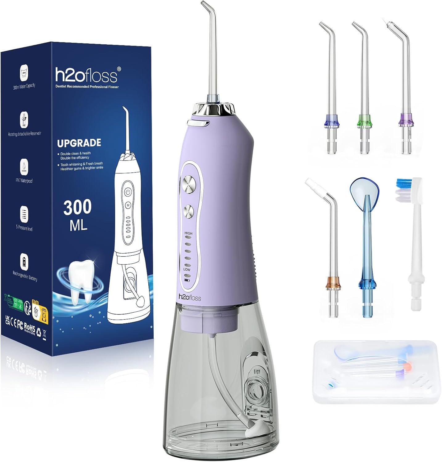 Water Dental Flosser Teeth Pick, H2ofloss Cordless Portable Oral Irrigator 300ML Rechargeable Travel Irrigation Cleaner IPX7 Waterproof WaterFlosser for Home Travel Lavender