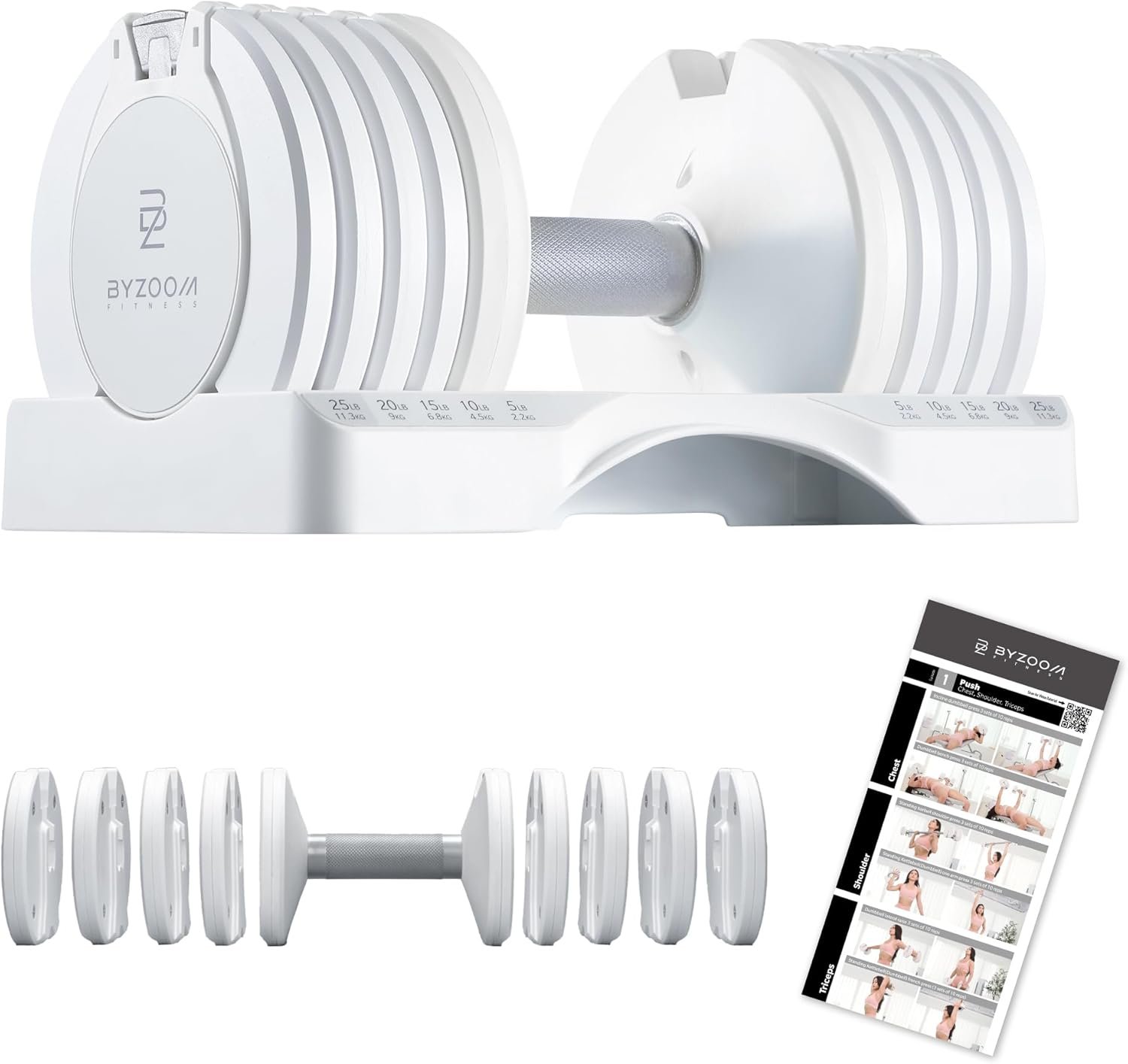 BYZOOM FITNESS Pure Series Adjustable Dumbbell – 12.5/25/27.5/50/55/75lb – ONE UNIT OR PAIR(check QTY before purchase) – 5-in-1/ 10-in-1 / 15-in-1 / 21-in-1 Flexible Hand Weights for Home Apartment Garage Gym, Strength Training & Fitness Workouts, White OR Black