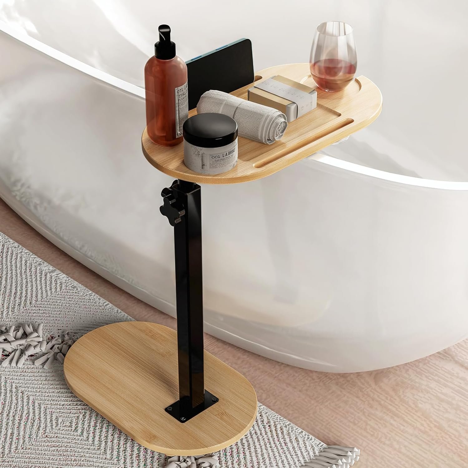 Yumkfoi Bamboo Bathtub Tray Table with Adjustable Height, Freestanding Bath Caddy Tray for Tub Against Wall, Bathtub Side Table for Luxury Bath Home Spa Homewarming – Patent Protected (Natural)