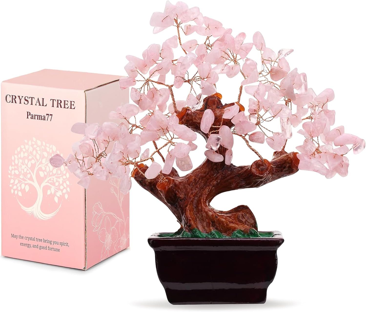 Parma77 Feng Shui Natural Rose Pink Quartz Crystal Money Tree, Healing Crystal Trees Bonsai Style Decoration for Wealth and Luck for Home Decor, Gifts for Women