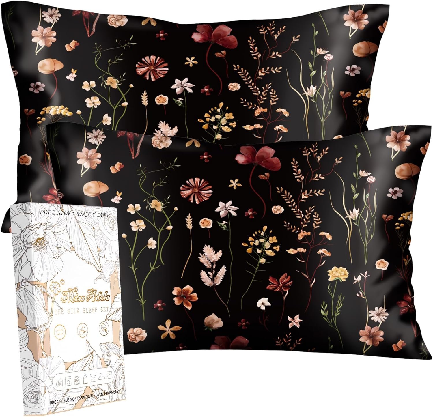 Miss Adola 2 Pack Mulberry Silk Pillowcase for Hair and Skin – Queen Size 20 x 30 Inches with Hidden Zipper BK Grow Flower 19 Momme Soft Sleeping Silk Pillow Case for Women, Moms