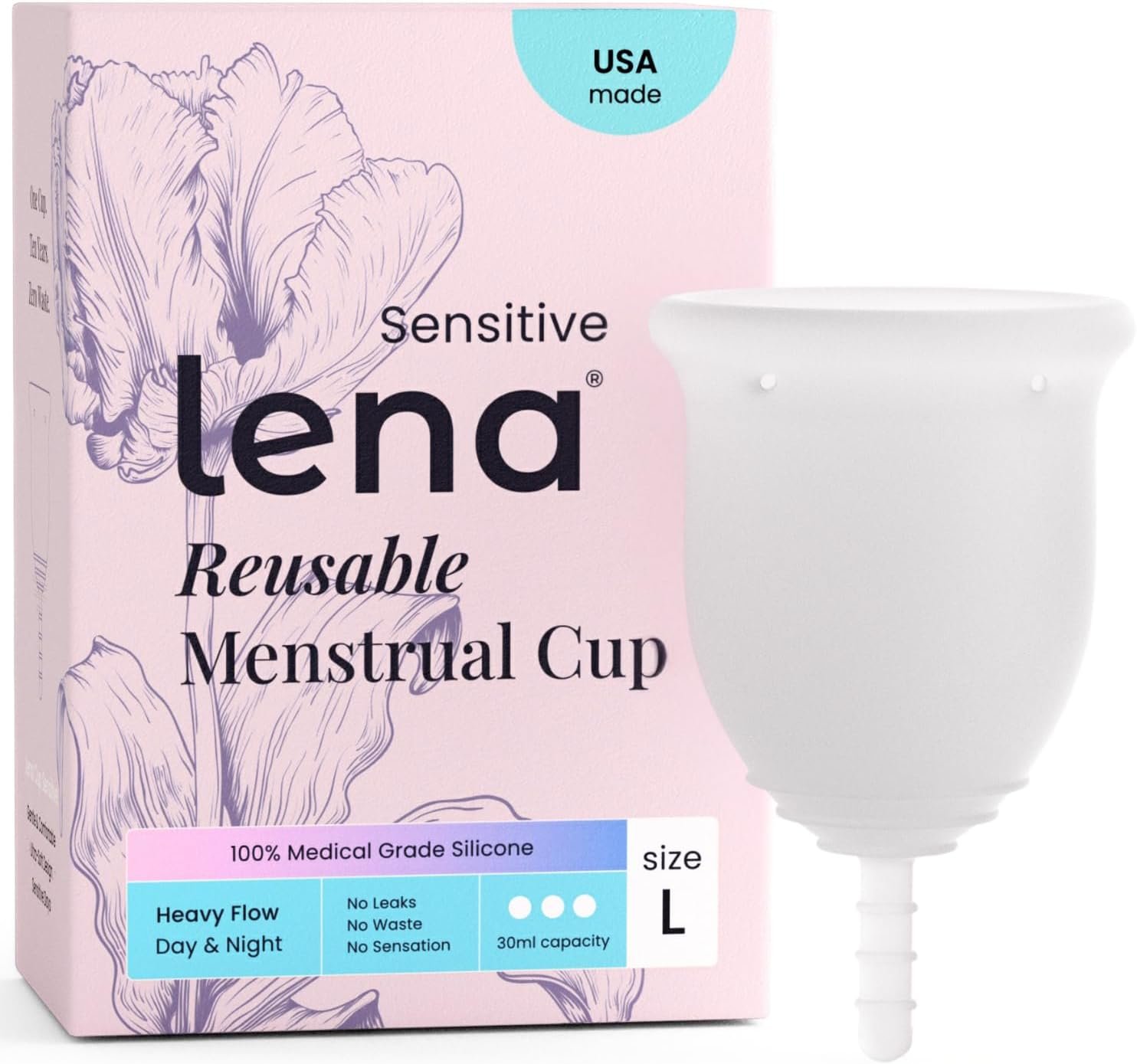 Lena Sensitive Menstrual Cup – Ultra Soft Medical-Grade Silicone Period Cups for Women Heavy Flow, Beginner-Friendly, Reusable 12-Hour Leak-Free Comfort & Feminine Care – Large, Clear