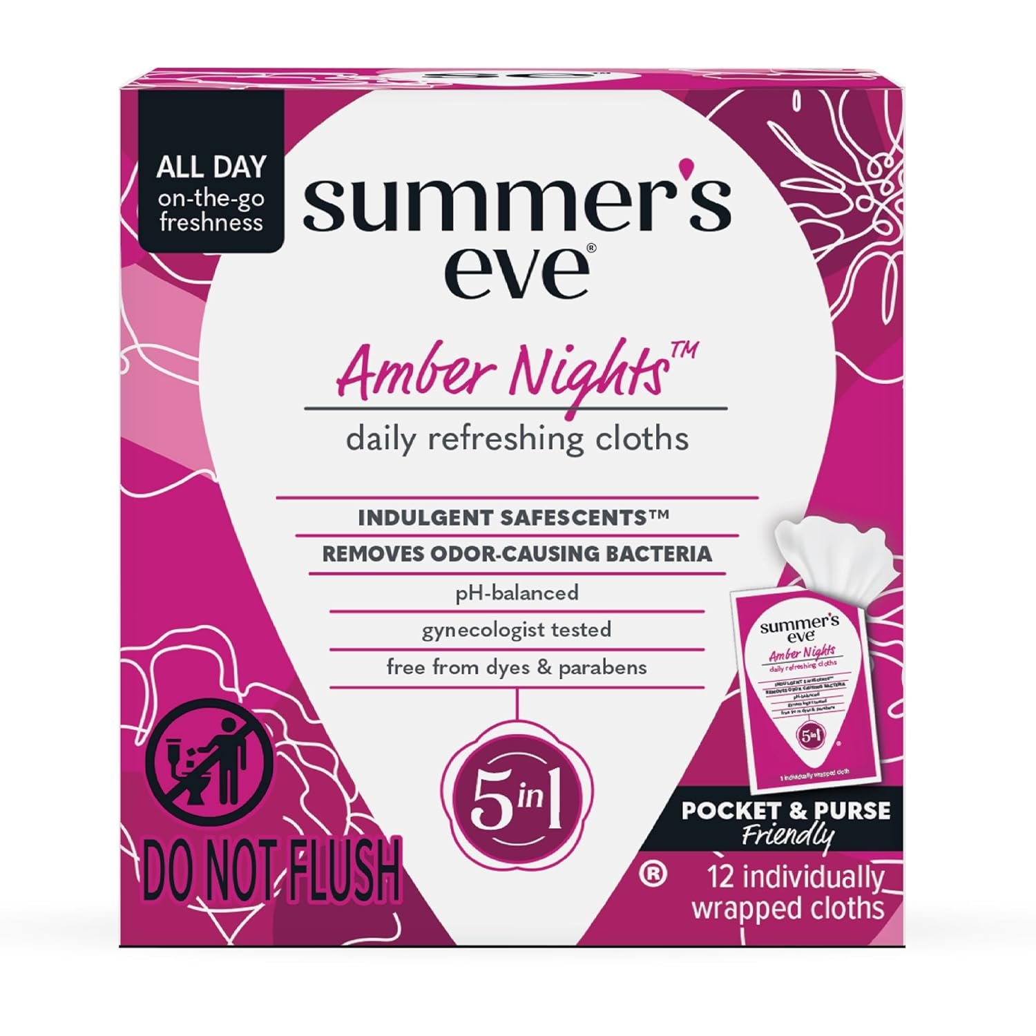 Summer’s Eve Amber Nights Feminine Wipes, with Gentle pH-Balanced Formula Designed to Remove Odor, Individually Wrapped Wipes, 12 Count