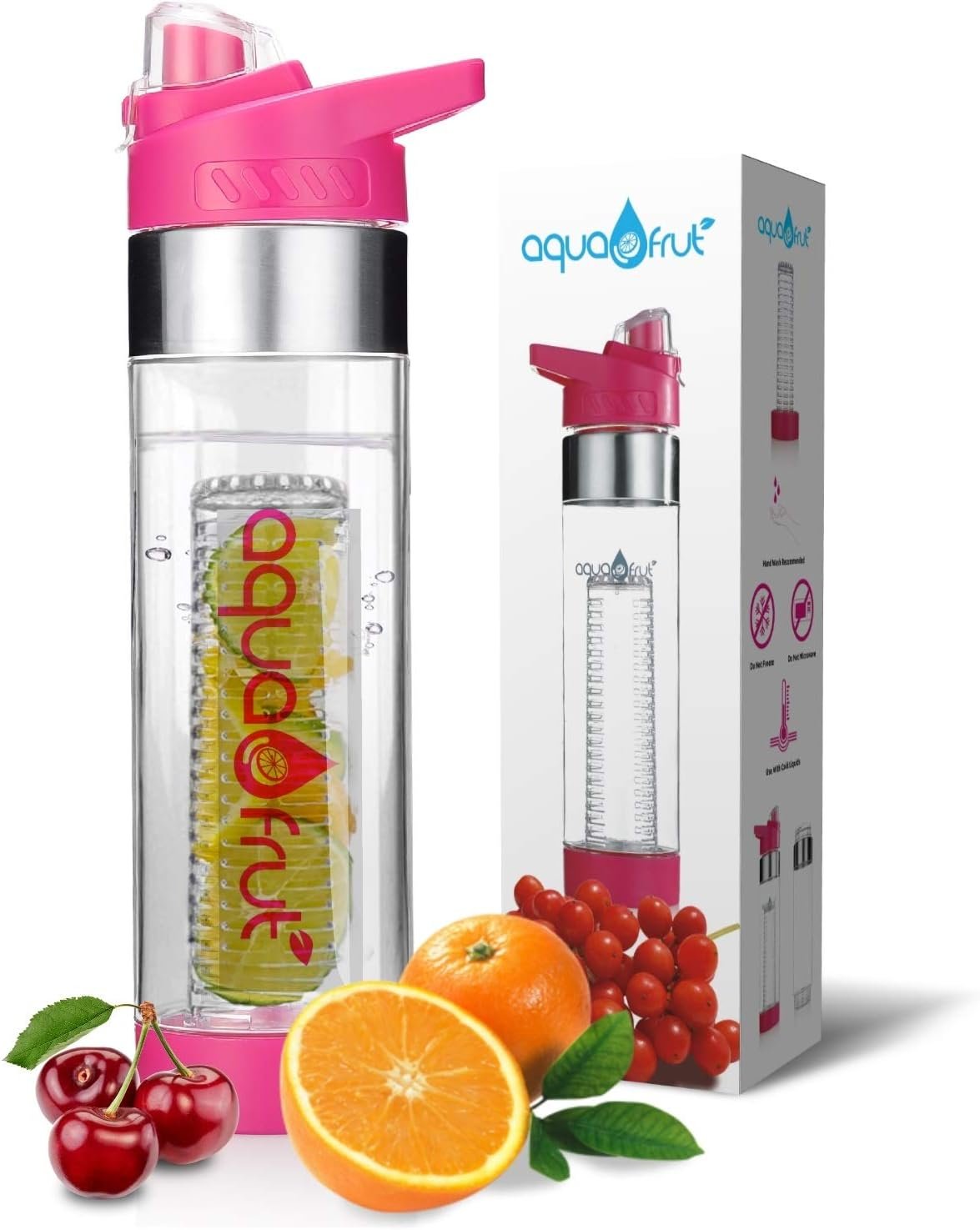 NEW AquaFrut Bottom Loading Fruit Infuser Water Bottle – BPA Free Tritan Plastic – Leak Proof – 24 OZ – Infusion Recipe eBook (Pink)