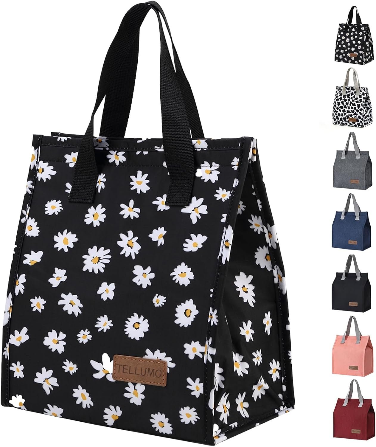 TELLUMO Black Daisy Lunch Bag, Insulated Cute Lunch Bags for Women, Small Reusable Leakproof Lunch Box Tote Container for Work Office Travel Beach