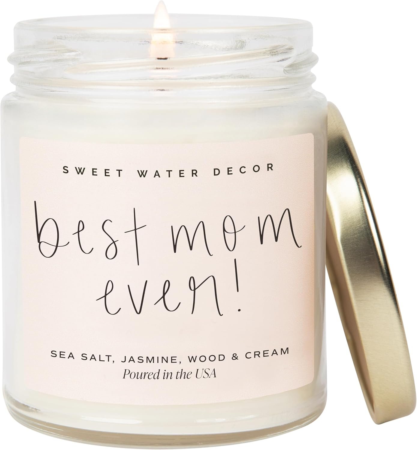 Sweet Water Decor, Best Mom Ever Candle – Sea Salt, Jasmine, Cream, and Wood Scented Soy Wax Candle for Mom – 9oz Clear Jar, 40 Hour Burn Time, Made in the USA