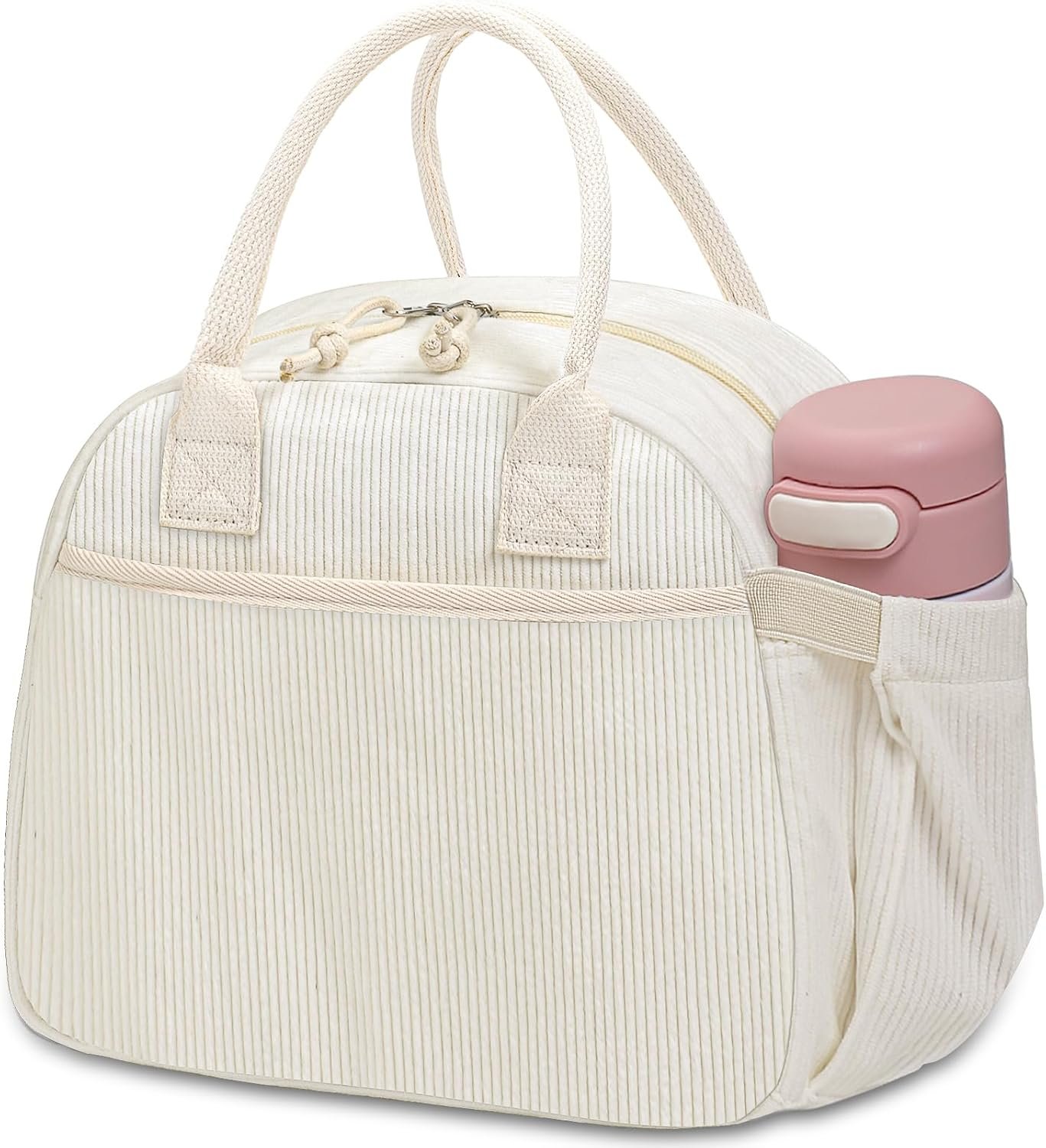 Carry bloom Lunch Box for Women, Insulated Lunch Bag Cute Corduroy Lunchbox Reusable Tote Bags for Work (beige corduroy)