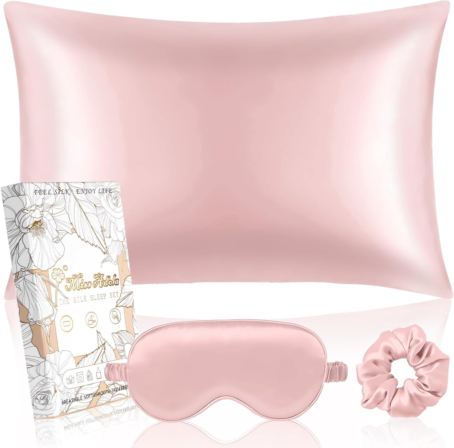 Miss Adola Mulberry Silk Pillowcase Set – 1 Pc Silk Pillowcase with Eye Mask & Scrunchie, Soft Standard 20″x26″ Pillow Case for Hair and Skin, Sleeping Gift for Women, Blush Pink