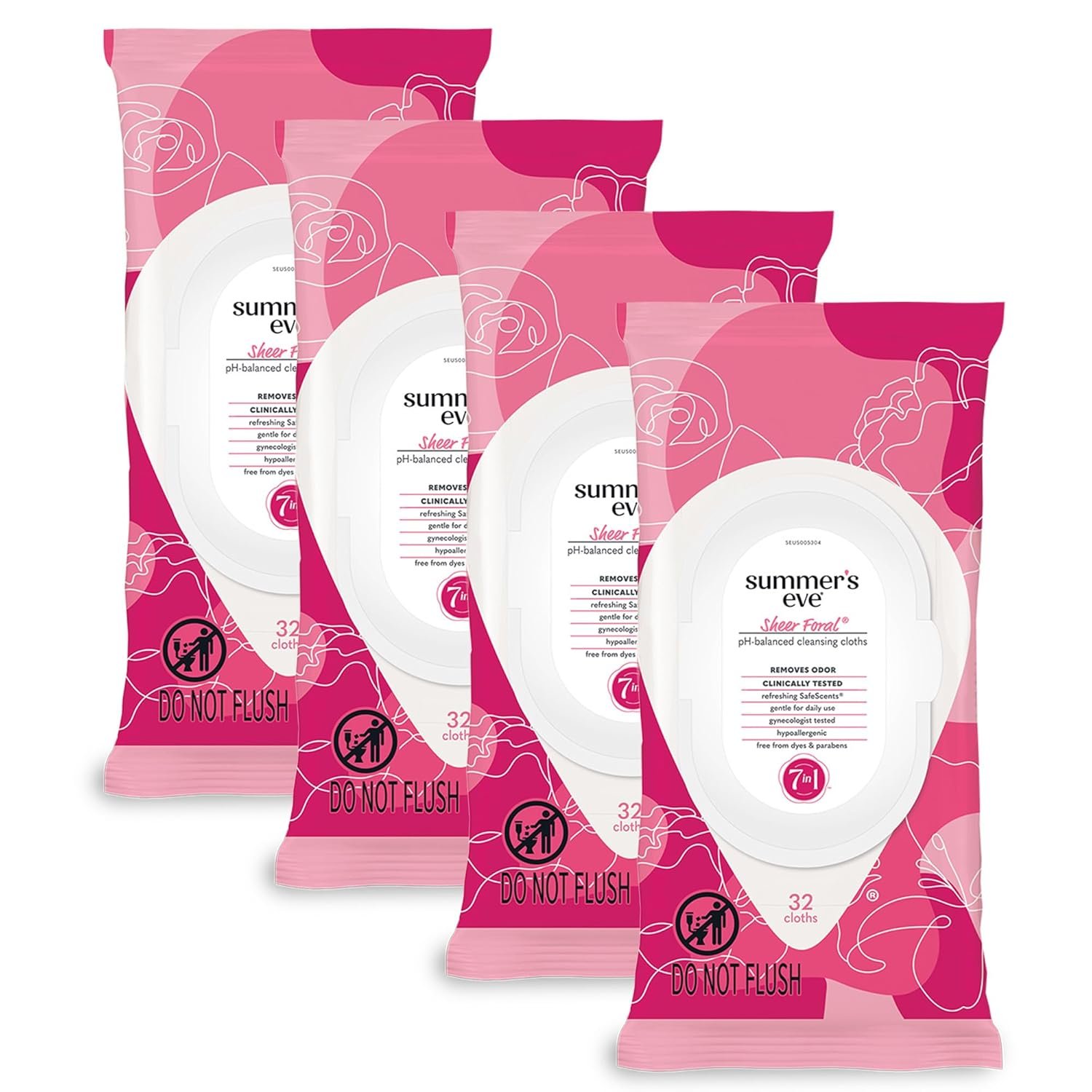 Summer’s Eve Sheer Floral Feminine Wipes, Gentle pH-Balanced Formula Helps Control Vaginal Odor, Resealable Pack, 32 Wipes, Pack of 4