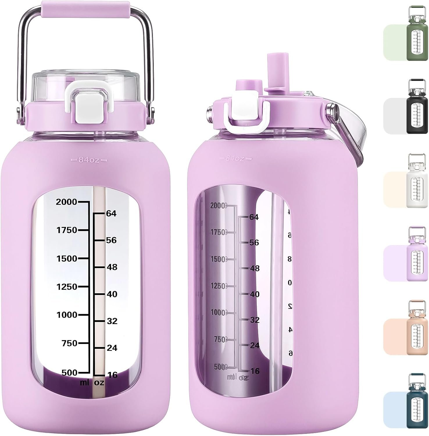 MUKOKO 84oz Glass Water Bottle with Time Marker and Silicone Sleeve 2.5L Water Jug with Stainless Steel Handle Gallon Drinking Bottle with 2-in-1 Lid Wide Mouth BPA Free, Purple