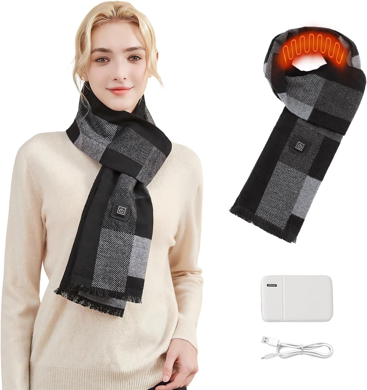 Heated Scarf for Women, Intelligent Rechargeable Electric Neck Warmer with 5000mAh Battery Power Bank, USB Cordless Heating Wrap Pad for Outdoor Winter, Adjustable Warming Scarf for Men & Women