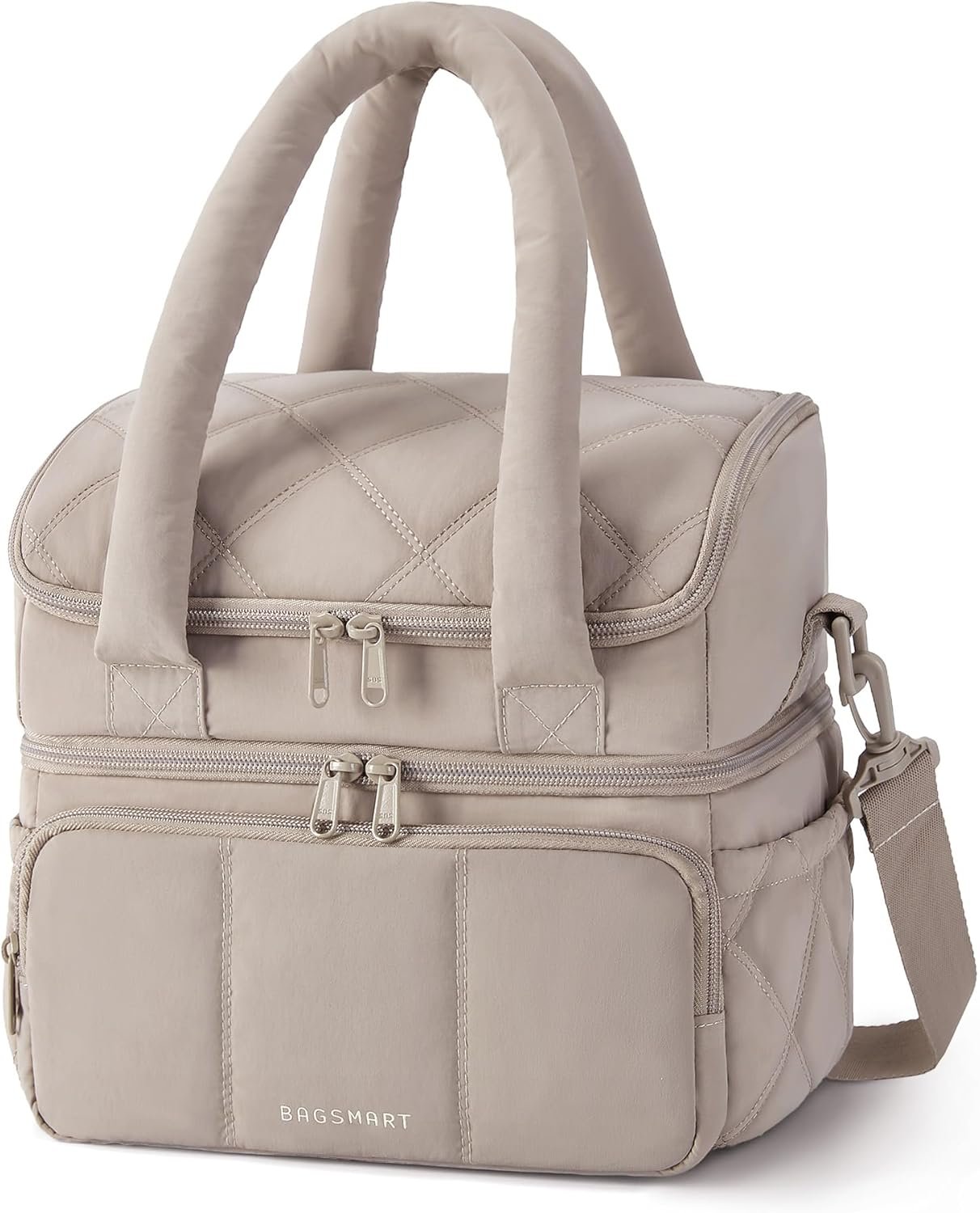 BAGSMART Lunch Bag Women, Double Deck Insulated Lunch Box, Quilted Puffer Lunch Tote, Leakproof, Durable & Reusable Large Lunch Cooler For Work Picnic Travel Meal Prep, Camel