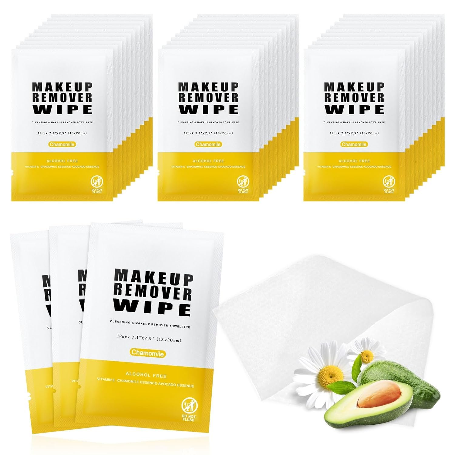 Pack of 100 Makeup Remover Wipes Individually Wrapped,Chamomile Scent,Face Cleansing Wipes Bulk, Travel Towelette Makeup Remover Cloth for Face Cleansing Skin Care Remove Makeup