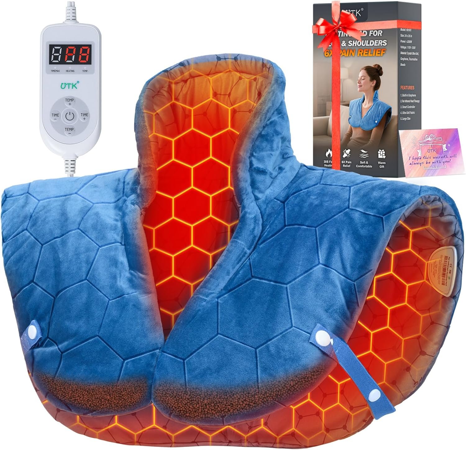 Nalax 30s Fast Heating Pad for Neck and Shoulders and Back, 6X Deeper Far Infrared Pain Relief, 8 Heat Settings Max 159℉, 4H Auto Off, Memory Function, Adjustable Strap, Mothers Gifts Women 24″x 20″
