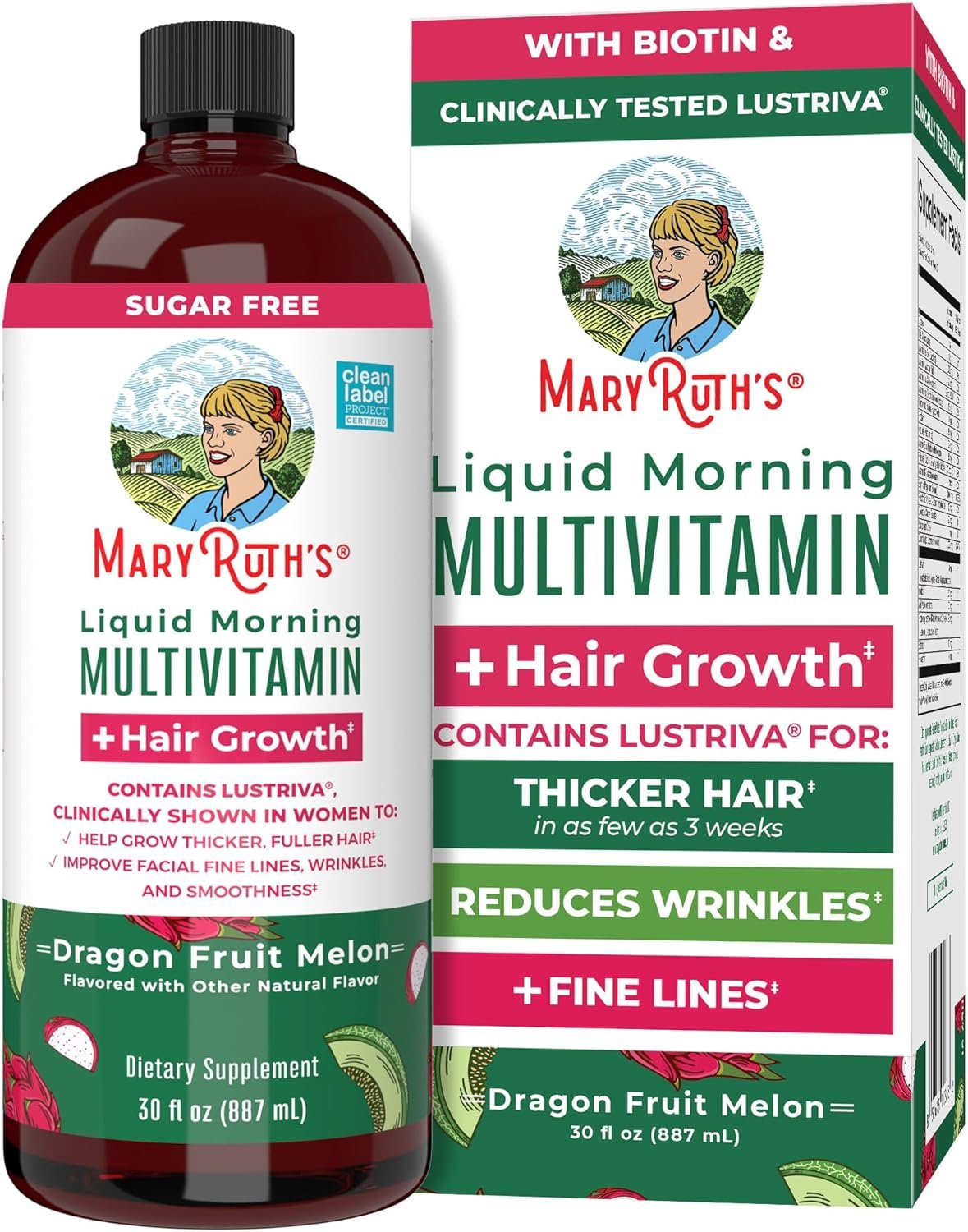 MARYRUTH’S Liquid Multivitamin + Hair Growth | Clinically Tested in Women for Thicker Hair & Facial Wrinkles | Biotin 10000mcg | Lustriva Hair Growth Supplements | Skin Care | Ages 18+ | 30 Fl Oz